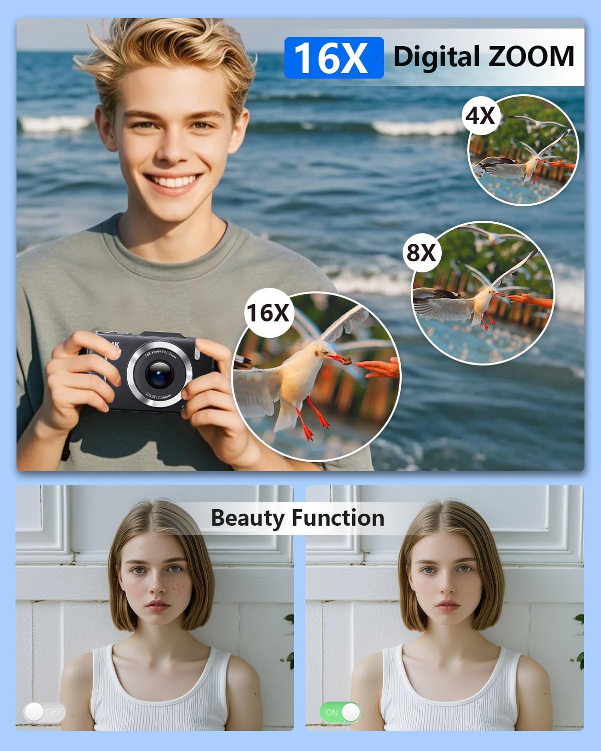 Digital Camera, FHD 1080P Kids Camera Digital with 16x Zoom Anti Shake, 32GB Card, 4K 48MP Portable Compact Point and Shoot Cameras, Vintage Small Camera for Teens Beginner Kids Present