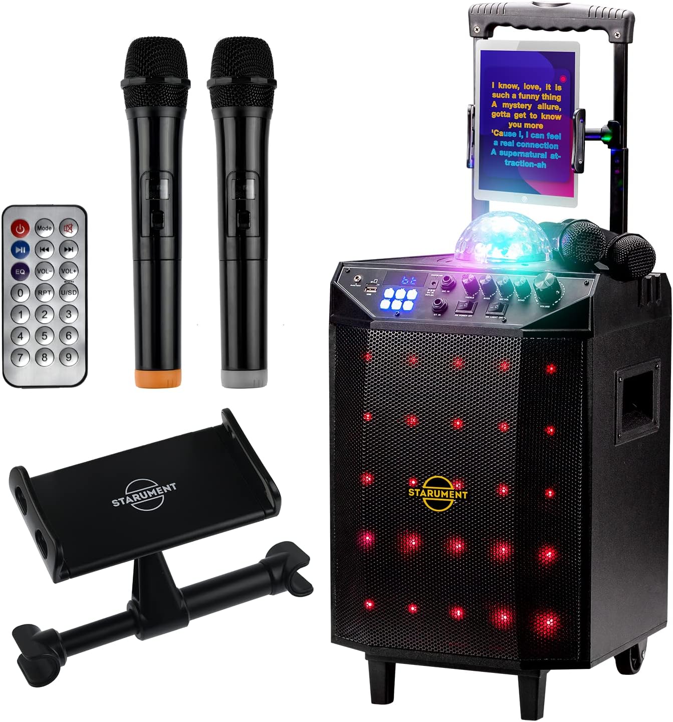 Starument Portable Karaoke Machine for Adults & Kids Complete Karaoke System Includes Bluetooth Speakers on Wheels, 2 Bluetooth Microphones, Disco Ball, LED Speaker Light, Cell Phone Stand & USB Aux