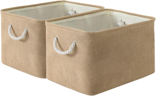 Organization and Storage Basket for Organizing - 17X15X12 inch 2 Pack Collapsible Baskets for Shelves, Fabric Storage Cubes with Rope, Storage Box for Cloth Decorative Gift (Beige)