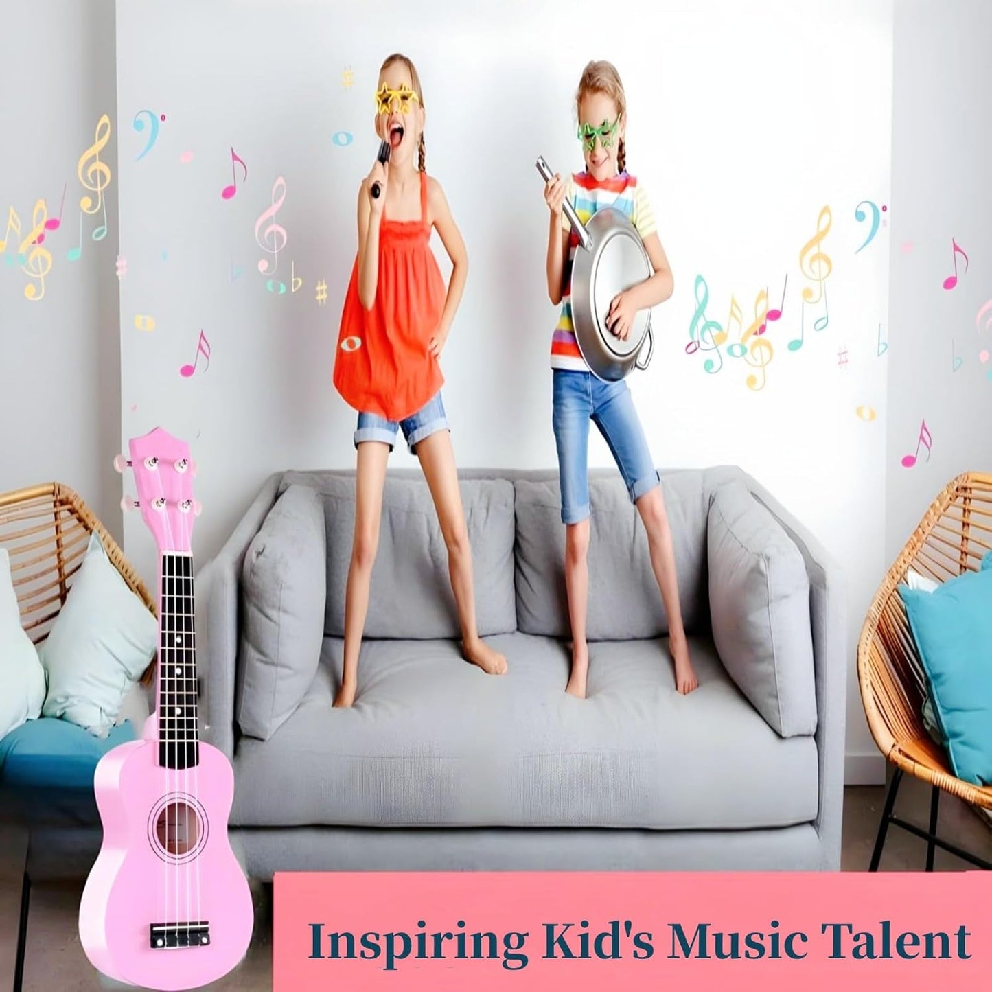 Kids Child Children Wooden Acoustic Guitar Ukulele 21 Inch 4 String Musical Instruments Perfect For Beginner (Pink)