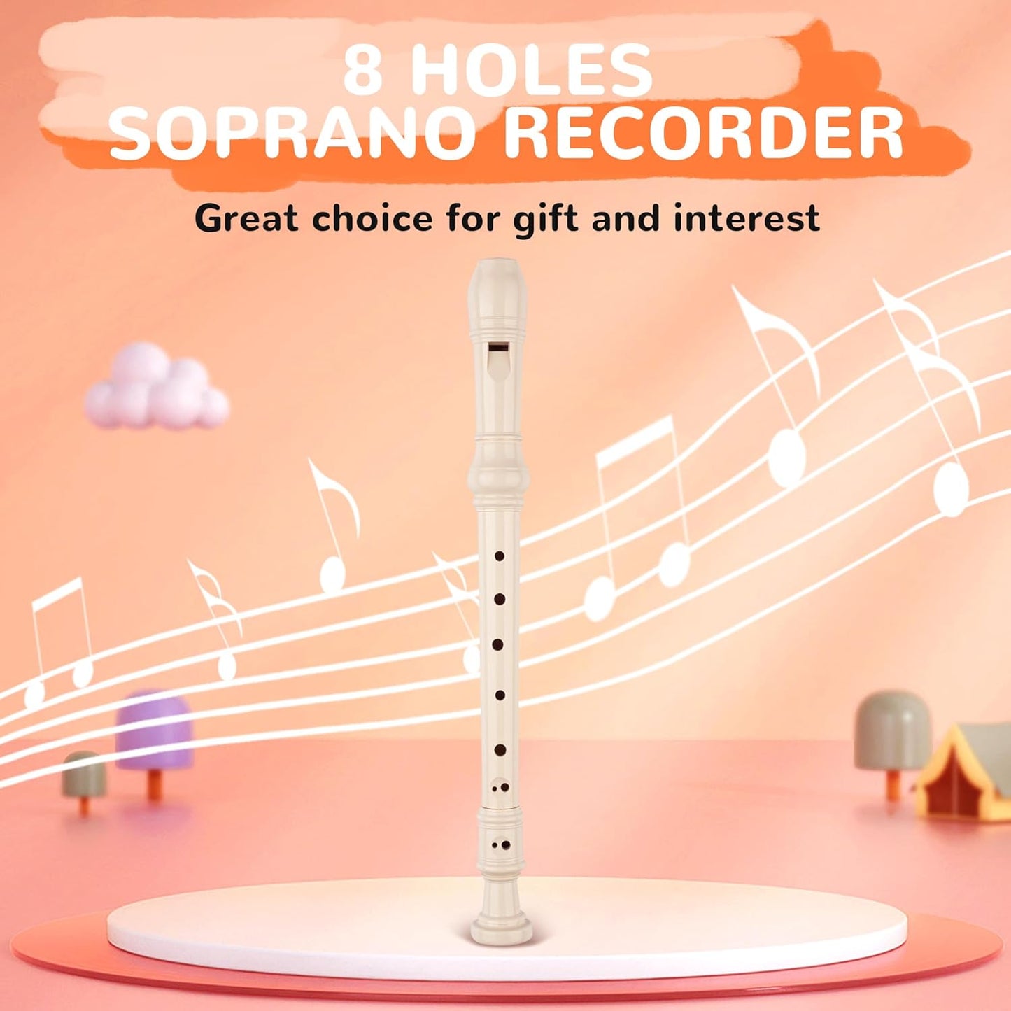 8-Hole Soprano Descant Recorder Baroque Style Kids Music Flute with Cleaning Rod & Case Bag for School Student Home Entertainment - Beige
