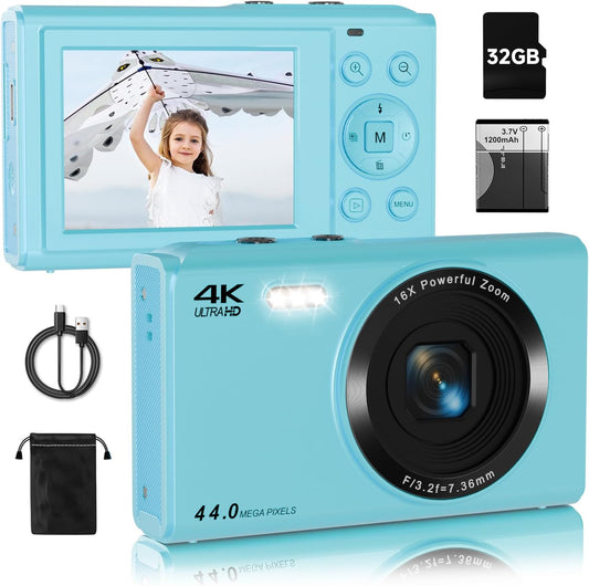Upgrade Digital Camera, FHD 4K 44MP Autofocus Digital Point and Shoot YouTube Camera with 16X Zoom, 32GB SD Card, Compact Digital Camera Cheap for Teens Boys Girls Kids Blue Camera