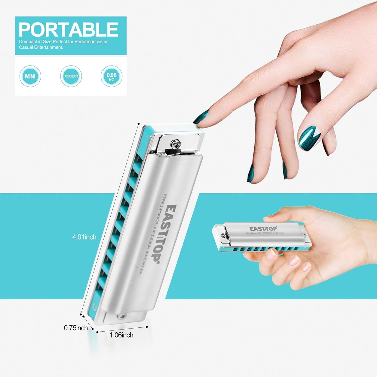 East top Harmonica, Advanced Diatonic Harmonica Key of Eb, 10 Holes Blues Harp Mouth Organ Harmonica with Silver Cover, Blues Harmonicas For Adults, Professionals and Students