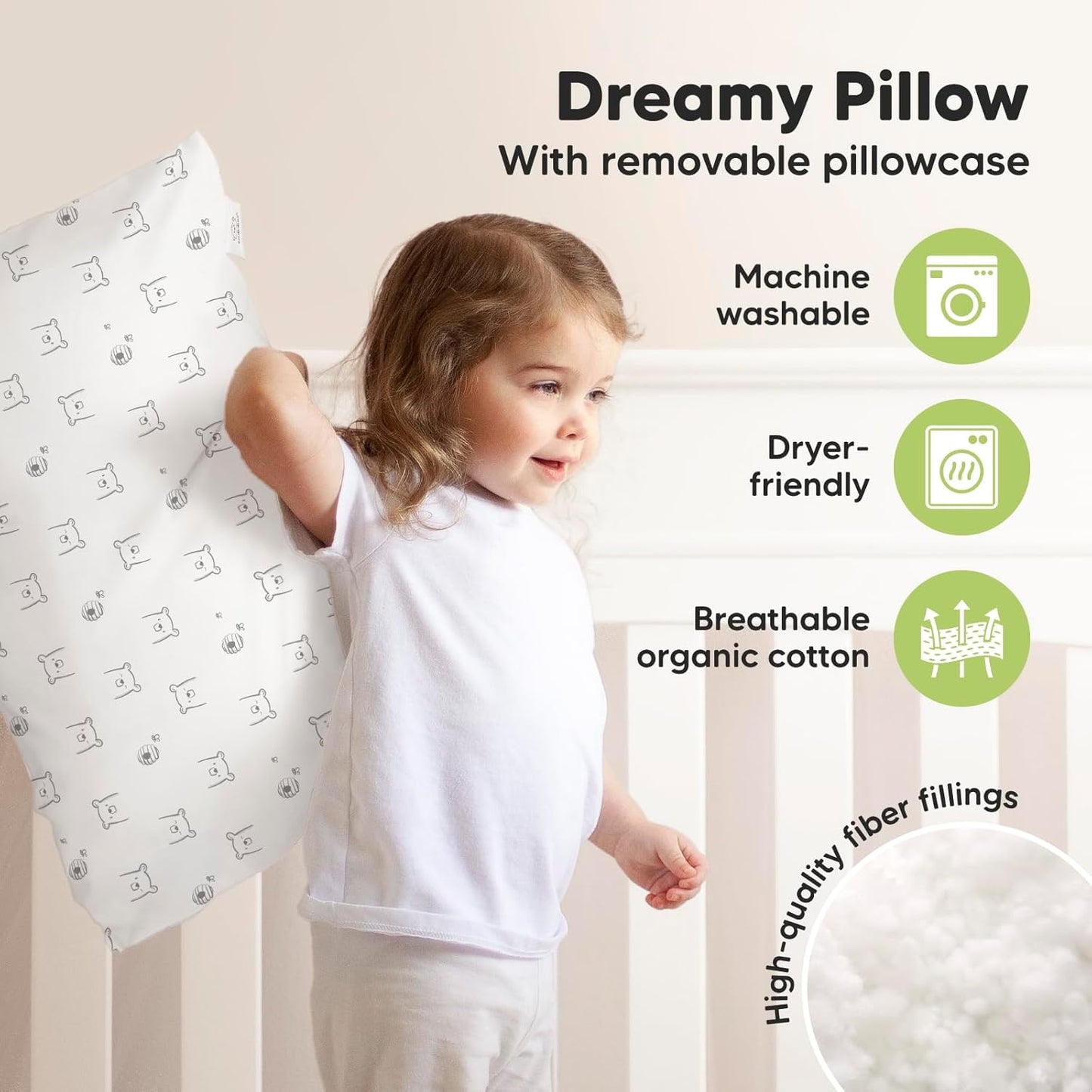 KeaBabies Toddler Pillow with Pillowcase, Jumbo 14X20 - Soft Organic Cotton Toddler Pillows for Sleeping - Machine Washable - Perfect for Travel, Toddler Bed Set (Bumble Bear)