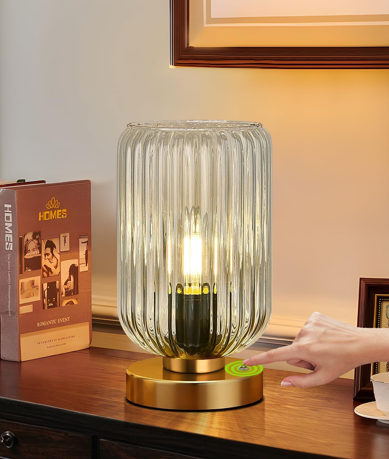 Touch Table Lamp for Nightstand - Small Bedside Lamps for Night Stands Bedroom Living Room, Dimmable Rechargeable Desk Lamp Battery Operated with Clear Glass Shade, Bulb Included