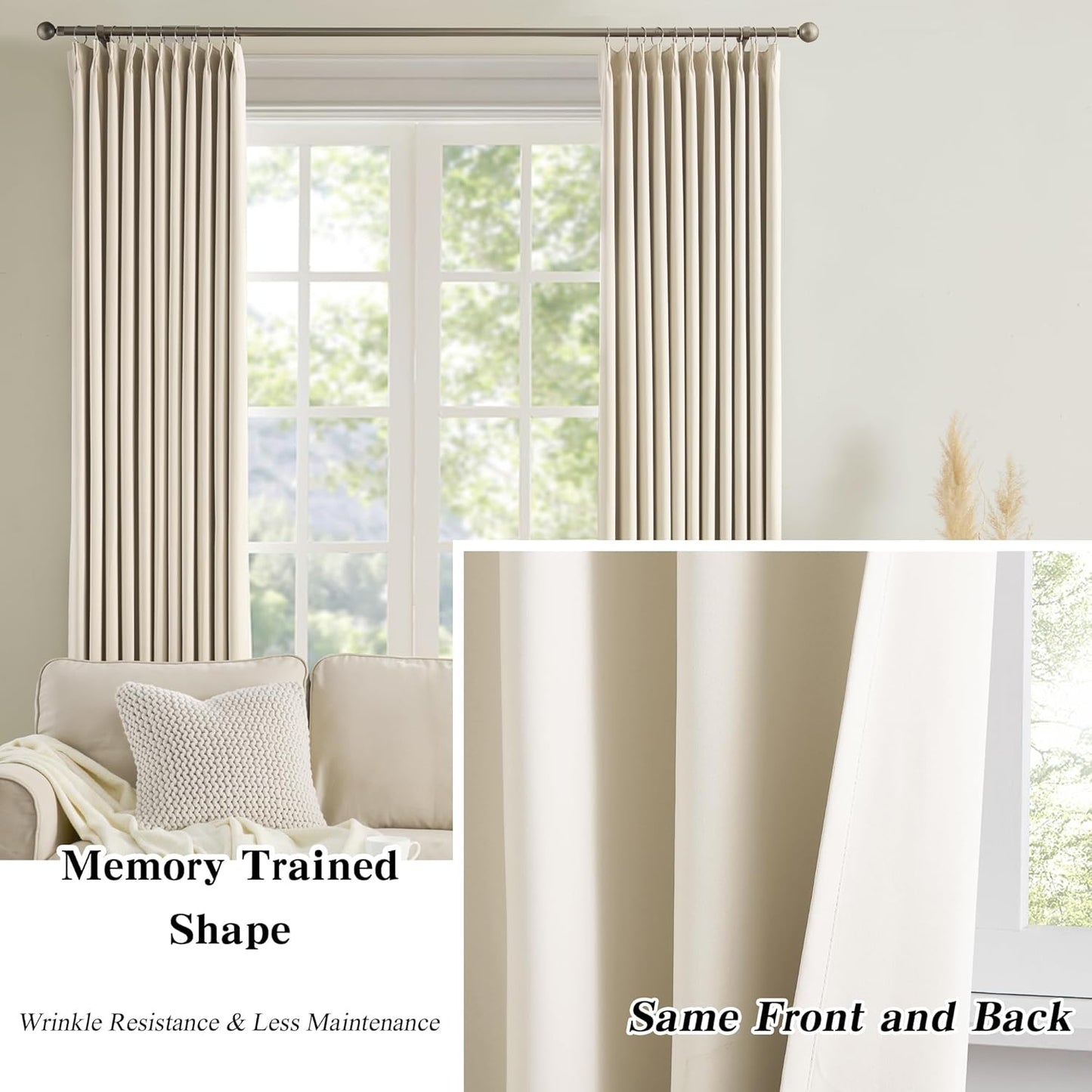 KEQIAOSUOCAI 104 Inch Long Pleated Curtains 2 Panels, Memory Trained Pinch Pleat Drapes with Hooks,Home Decor for Dining Bedroom, Privacy for 102-105 Inches Large Window,Cream Beige