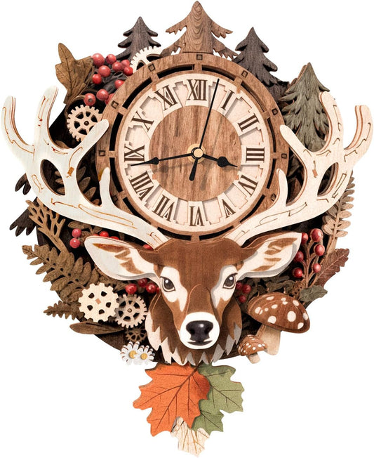 3D Puzzles for Adults Clock-Reindeer Design Model Kit-Mechanical DIY Pendulum Clock with Roman Numerals-Desk Home Office Decor Personalized Gift for DIY Lovers