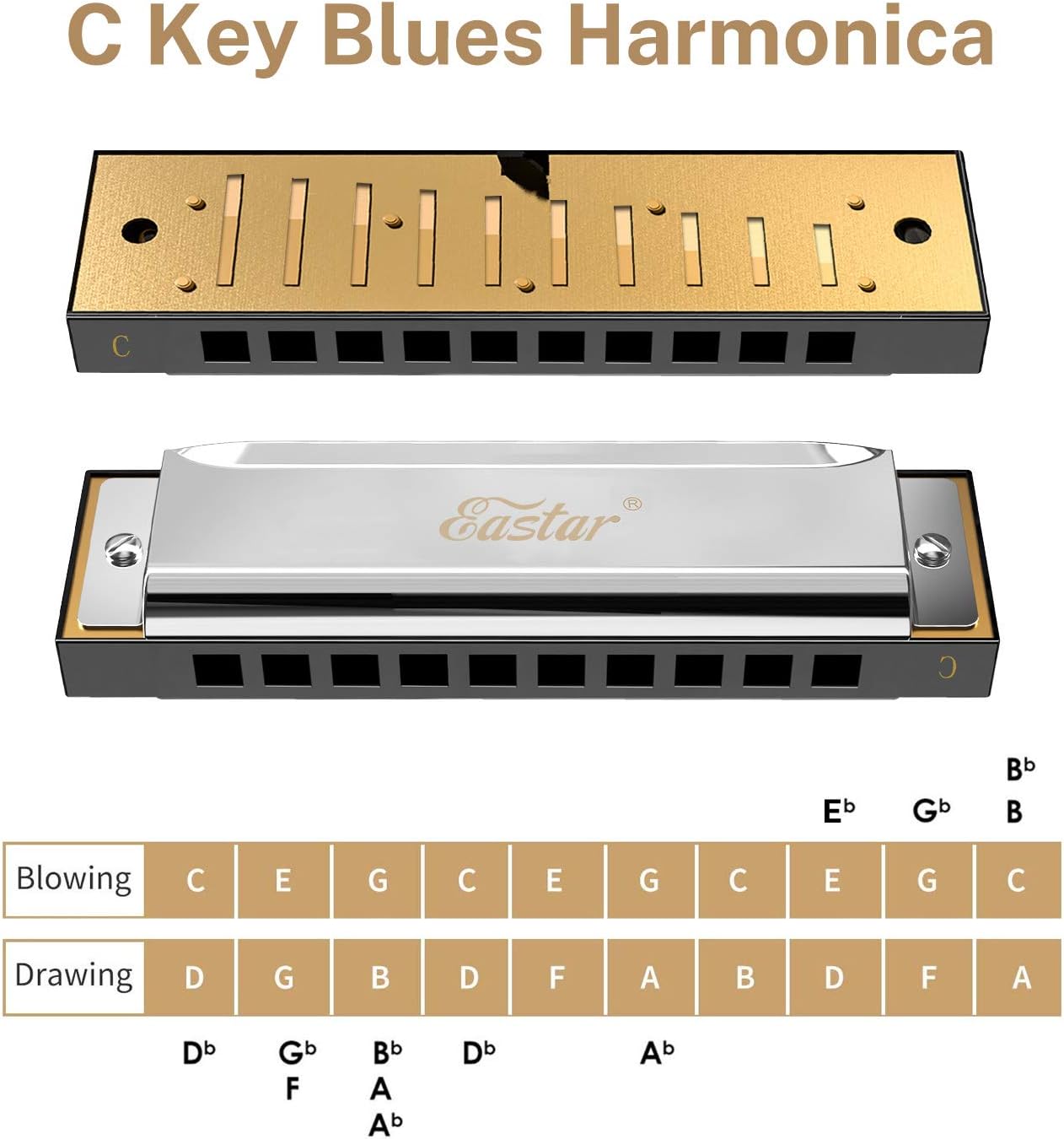 Eastar Major Blues Harmonica Sets 7 Keys Diatonic in Key of C D E F G A Bb for Adults Beginners Students Kids 7-Pack, Carrying Case, Cleaning Cloth