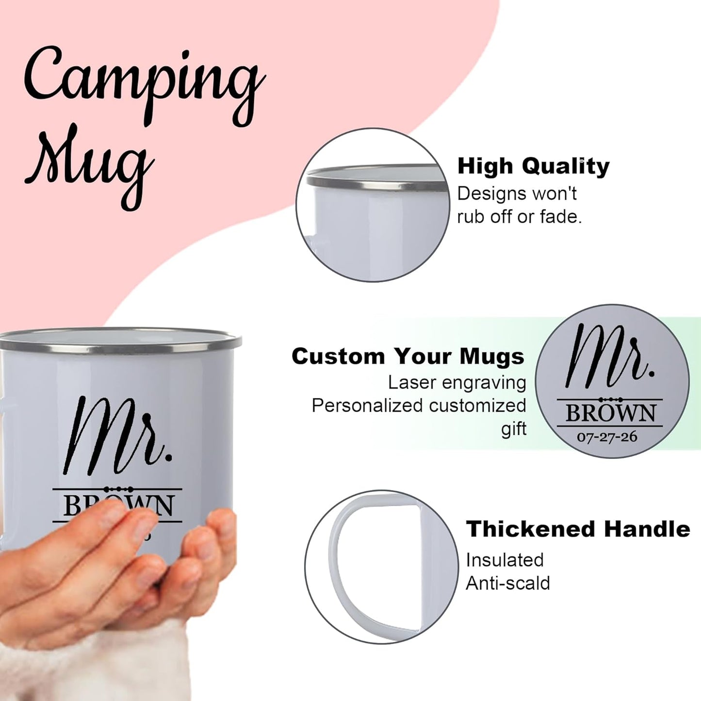 Custom Camping Mug, Personalized Stainless Steel Coffee Mugs With Logo and Text, 15oz Metal Campfire Cups, Travel Cup for Hot Chocolate, Tea, Engraved Gifts for Men, Women