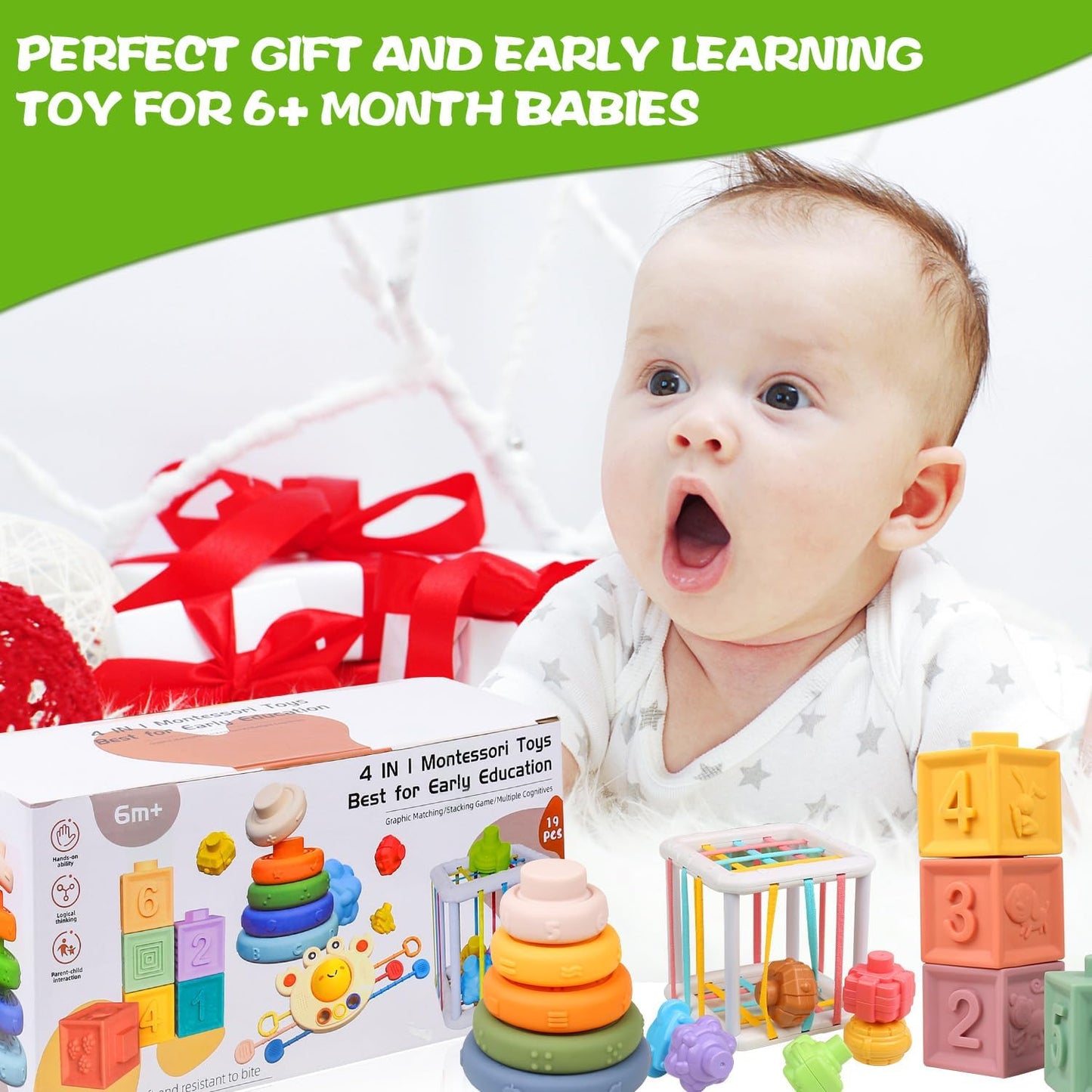 Montessori Toys for Babies 6-12 Months, 4 in 1 Soft Baby Teething Toys, Stacking Building Blocks & Rings for Infants, Sensory Bin Toy