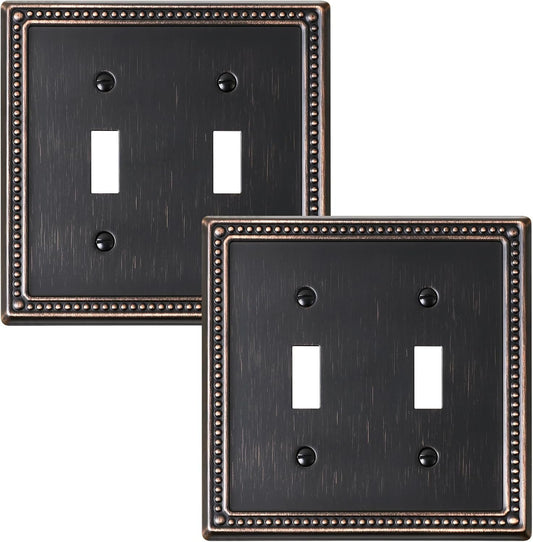 2-Pack Double Toggle Light Switch Cover Plate, Pearls Decorative Dual Switch Plate Covers, Aged Bronze 2 Gang Metal Wall Plate, Corrosion Resistant