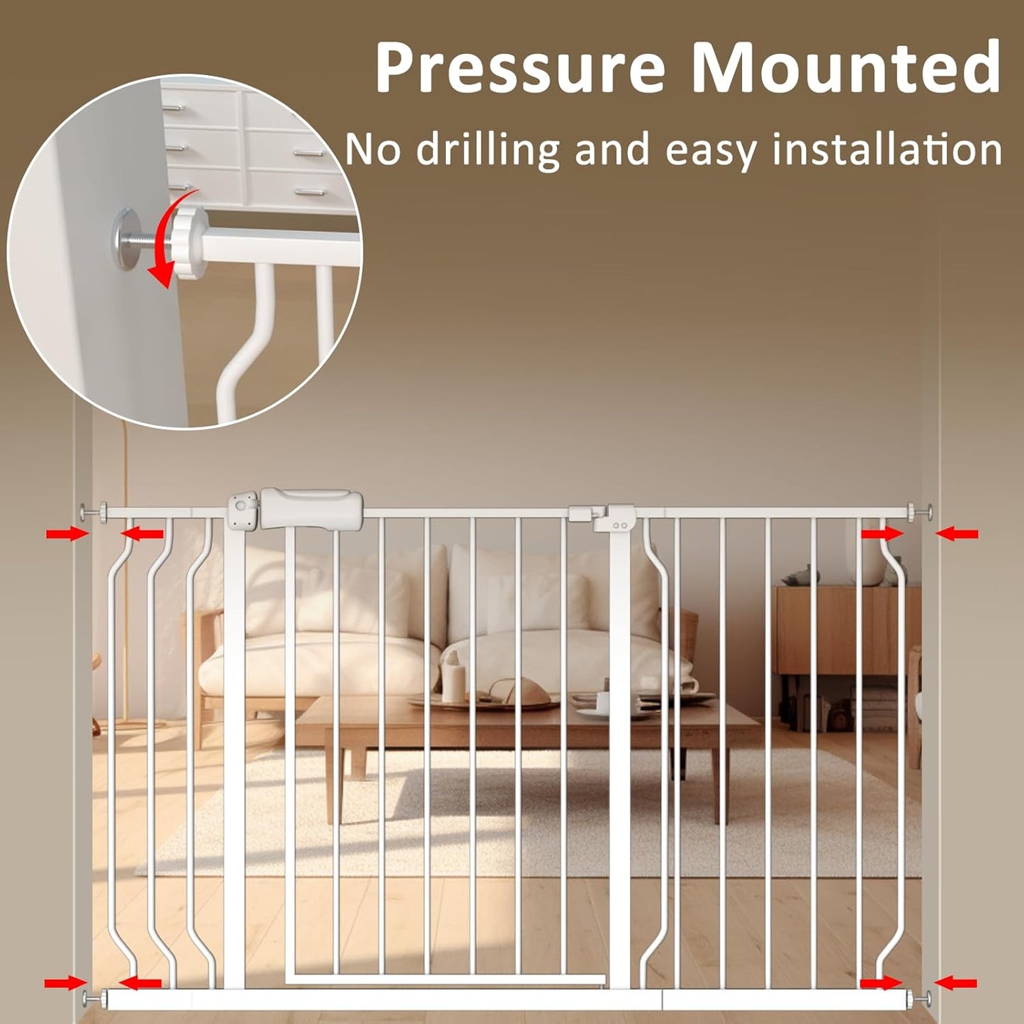 ALLAIBB Extra Wide Baby Gate Pressure Mount with Auto-Close, White Metal Safety Gate for Stairs & Doorways - Child Proof, Pet Barrier for Hallways, Kitchen, Living Room for 52.76-57.48 inch