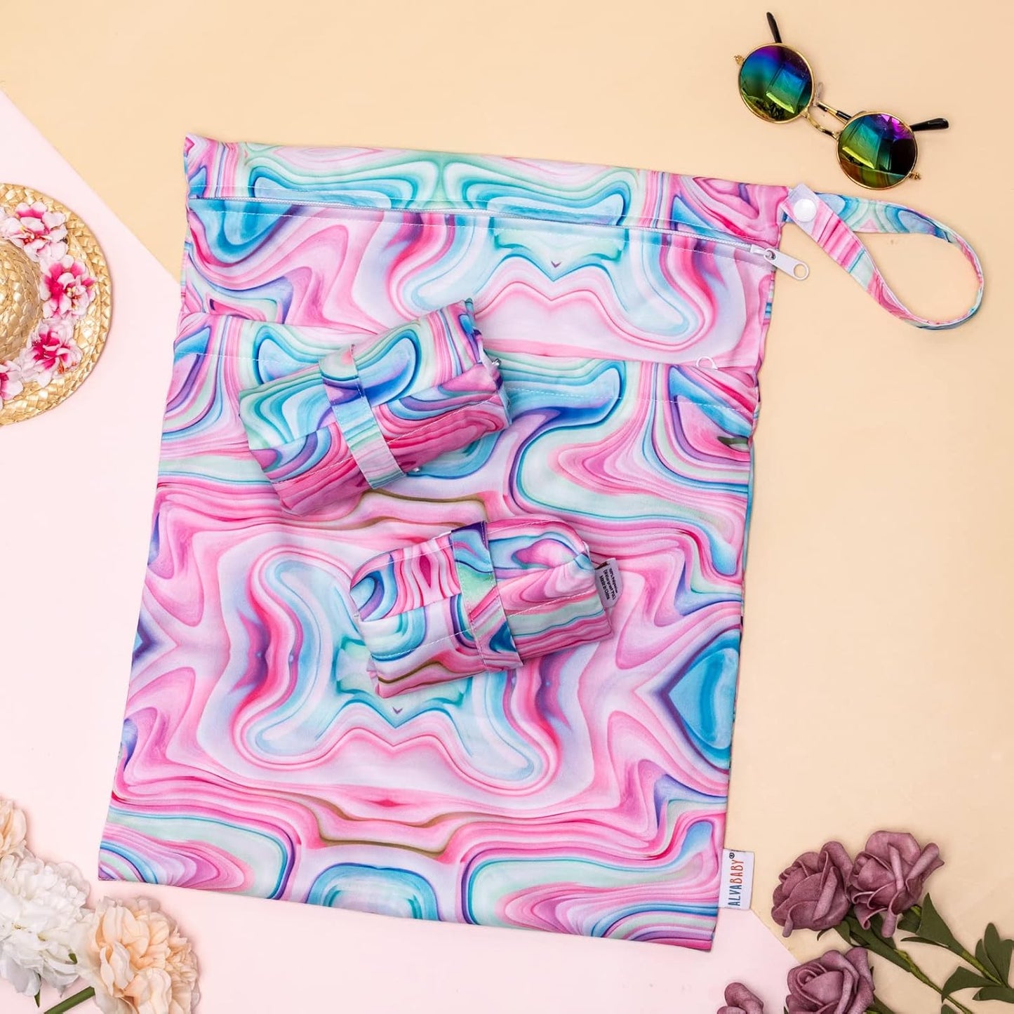 ALVABABY 3pcs Baby Cloth Diaper Wet/Dry Bags|Waterproof Reusable with Two Pockets|Travel, Beach, Pool, Daycare, Soiled Baby Items,Yoga，Gym Bag for Swimsuits or Wet Clothes Pink impression 3L-BS04