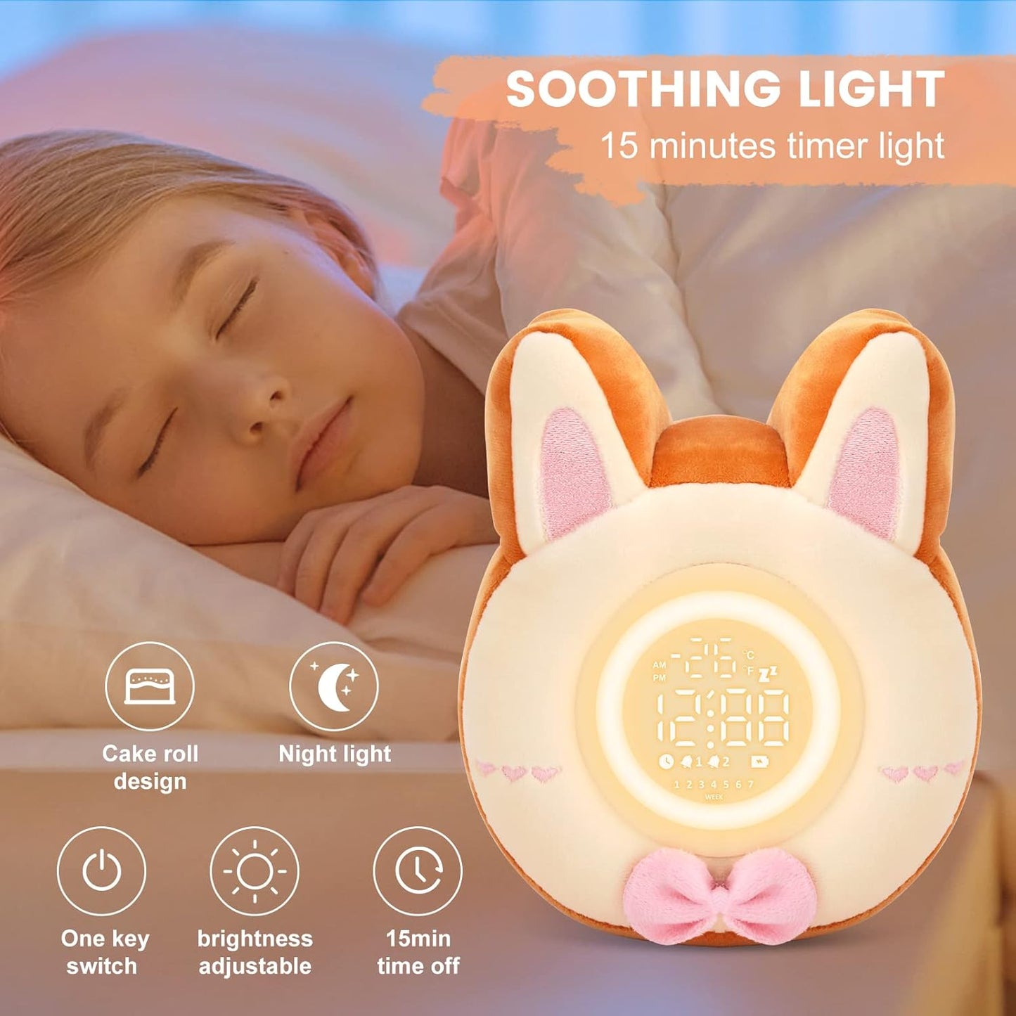 QANYI Bunny Night Light for Kids - Soft Plush Toy with Bunny Alarm Clock, Sleep Light for Bedroom, Gifting, Christmas, New Year