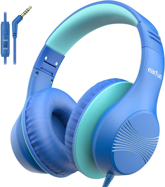 EarFun K3 Kids Headphones, Over Ear Headphones with Microphones, 85/94dB Safe Volume Limit, HD Stereo Sound, 3.5mm Jack, Foldable Wired Headphones for School/Travel/Boys/Girls/Tablet/iPad, Blue