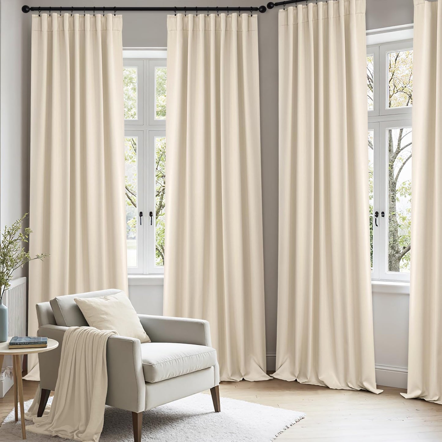 ANRODUO Back Tab Blackout Curtains for Bedroom Living Room, Rod Pocket Pinch Pleated Thermal Insulated Room Darkening Curtains 96 Inches Long 2 Panels, Cream Beige, 42 x 96 Inch