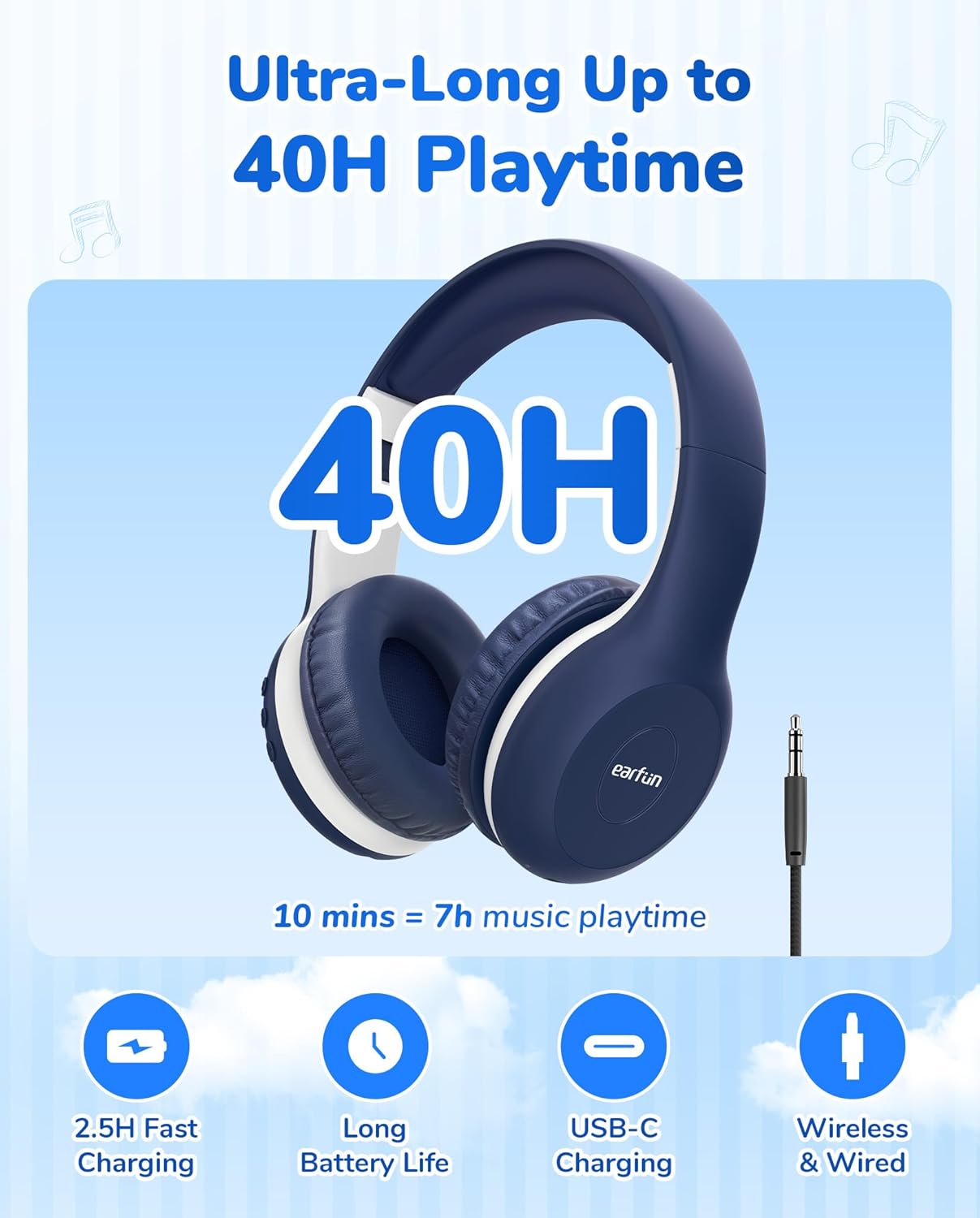 EarFun K2 Kids Bluetooth Headphones, Kids Headphones with Volume Limited, 40H Playtime, Built-in Mic, Stereo Sound, Foldable Over-Ear Headphone for School/Travel/iPad/Tablet, Blue