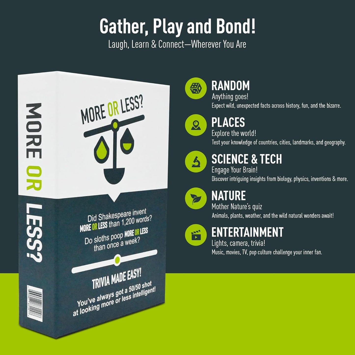 More Or Less? Trivia Card Game - Compact & Fun - Ideal for Travel, Families, Game Nights 5 Trivia Categories: Random, Places, Science & Tech, Nature and Entertainment