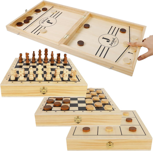 Juegoal 4-in-1 Wooden Fast Sling Puck Set for Kids and Adults, Chess, Checkers, Tic Tac Toe Games, Travel Portable Folding Tabletop Chess Board Game Sets, Interactive Families Toys