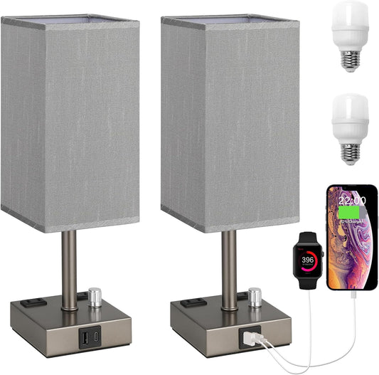 Grey Fully Dimmable Nightstand Lamps Set of 2 - Table Bedside Lamp with USB C+A Charging Ports & 2 AC Outlets, Square Lamp Sets Linen Fabric Shade for Bedroom Living Room(Bulb Included)