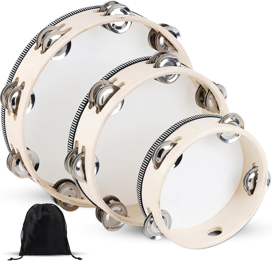 Wooden Hand Held Percussion Tambourine with Storage Bag - 6+8+10 Inches, Ideal for Church, Wedding, Party, Dance, Photo Shoot