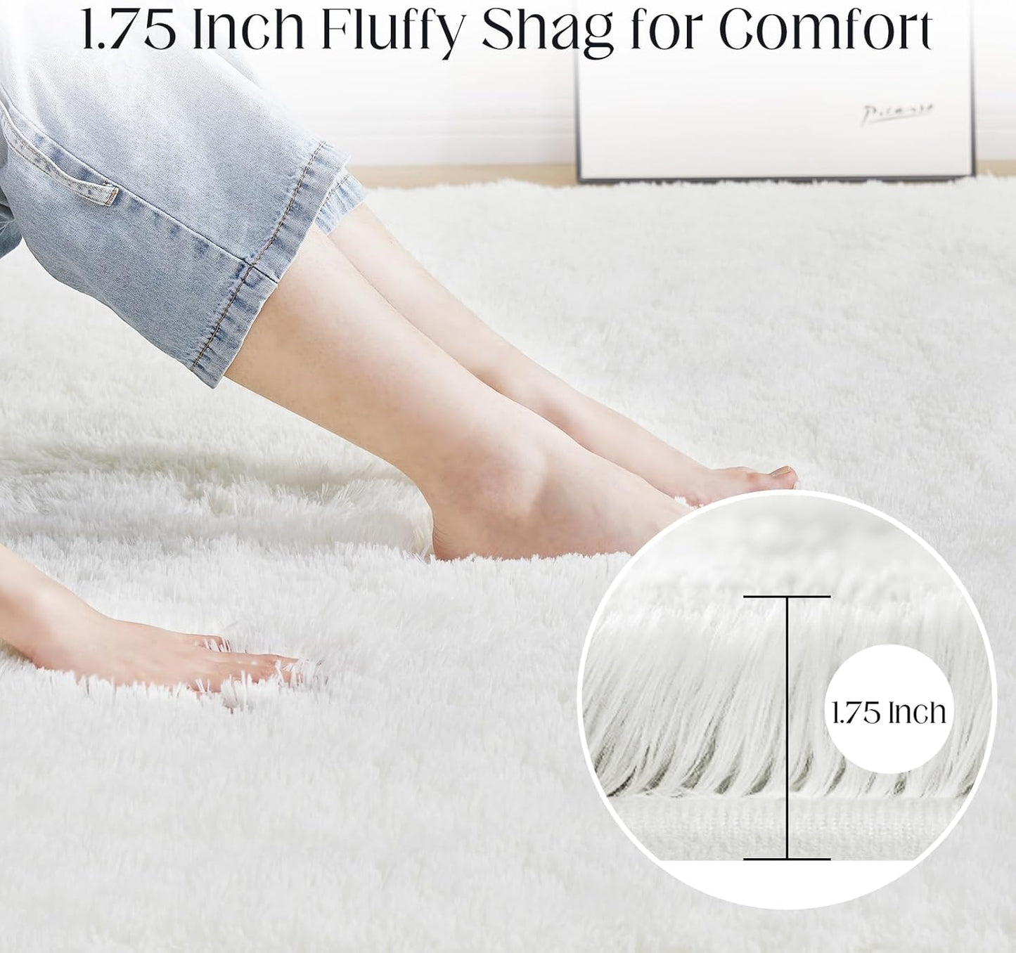 8x10 White Area Rug, Fluffy Plush Rugs for Bedroom, Non Slip Shag Indoor Carpet for Living Room, Nursery, Front Room, Room Decor