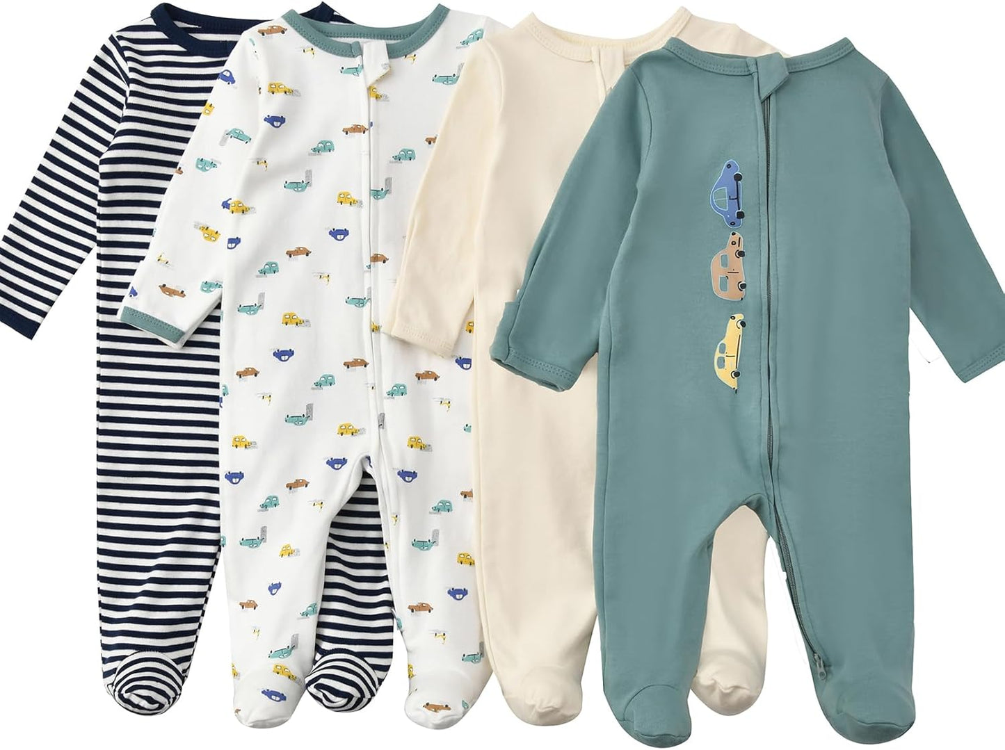 Aablexema Baby Footed Pajamas with Mitten Cuffs Zipper 4-Pack Infant Newborn Cotton Long Sleeve Outfit