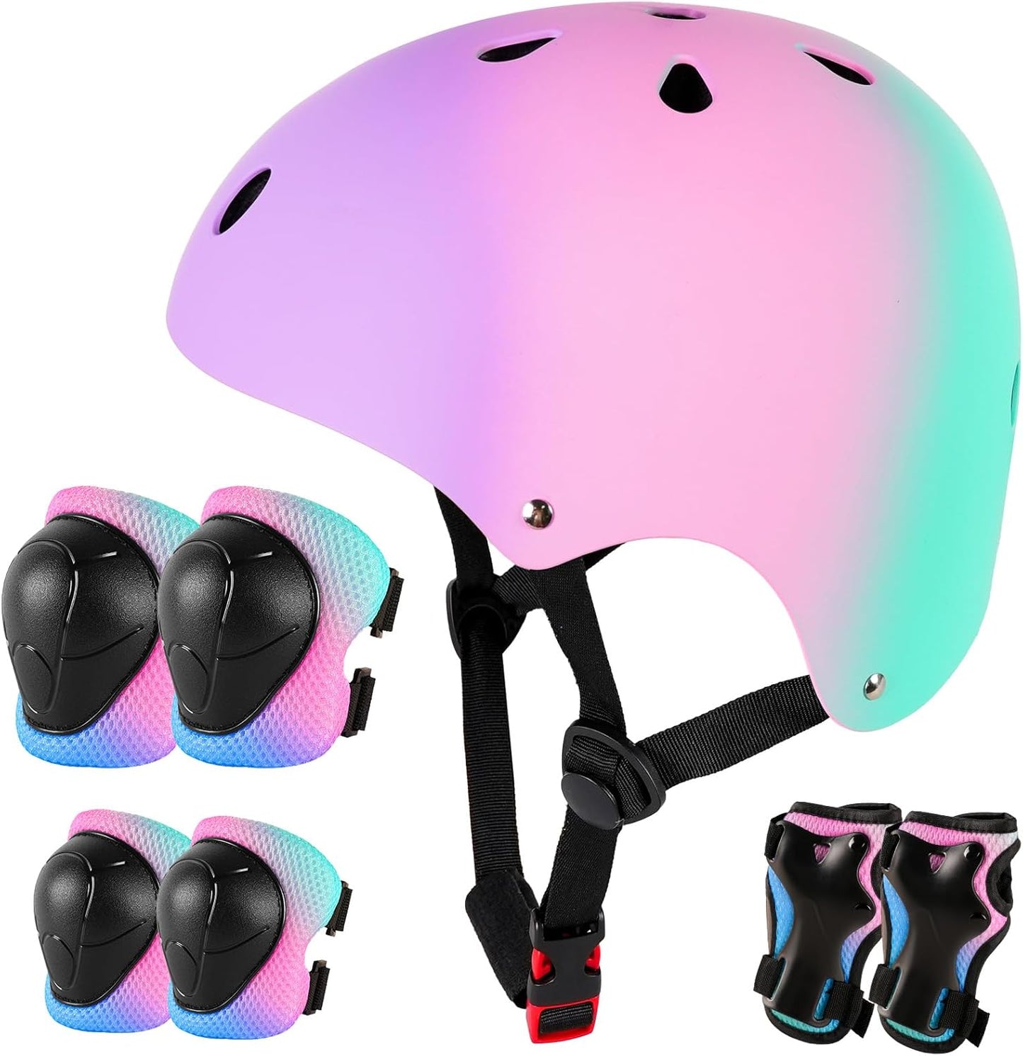 Adjustable Kids Bike Helmet with Knee Pads Elbow Pads Wrist Guards for Age 3-5-8-14+ Youth/Teens,Ventilation Multi-Sport Scooter Roller Skate Rollerblading Skateboarding Climbing Cycling