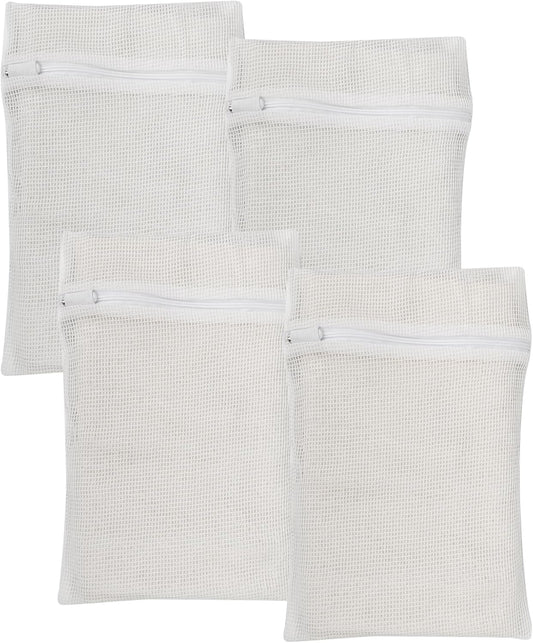 4 Piece White Small, Durable Organic Cotton Mesh Laundry Bag with Strong Zipper and Breathable Mesh, Delicate Laundry Bag for Underwear, Clothes, Pants and Socks