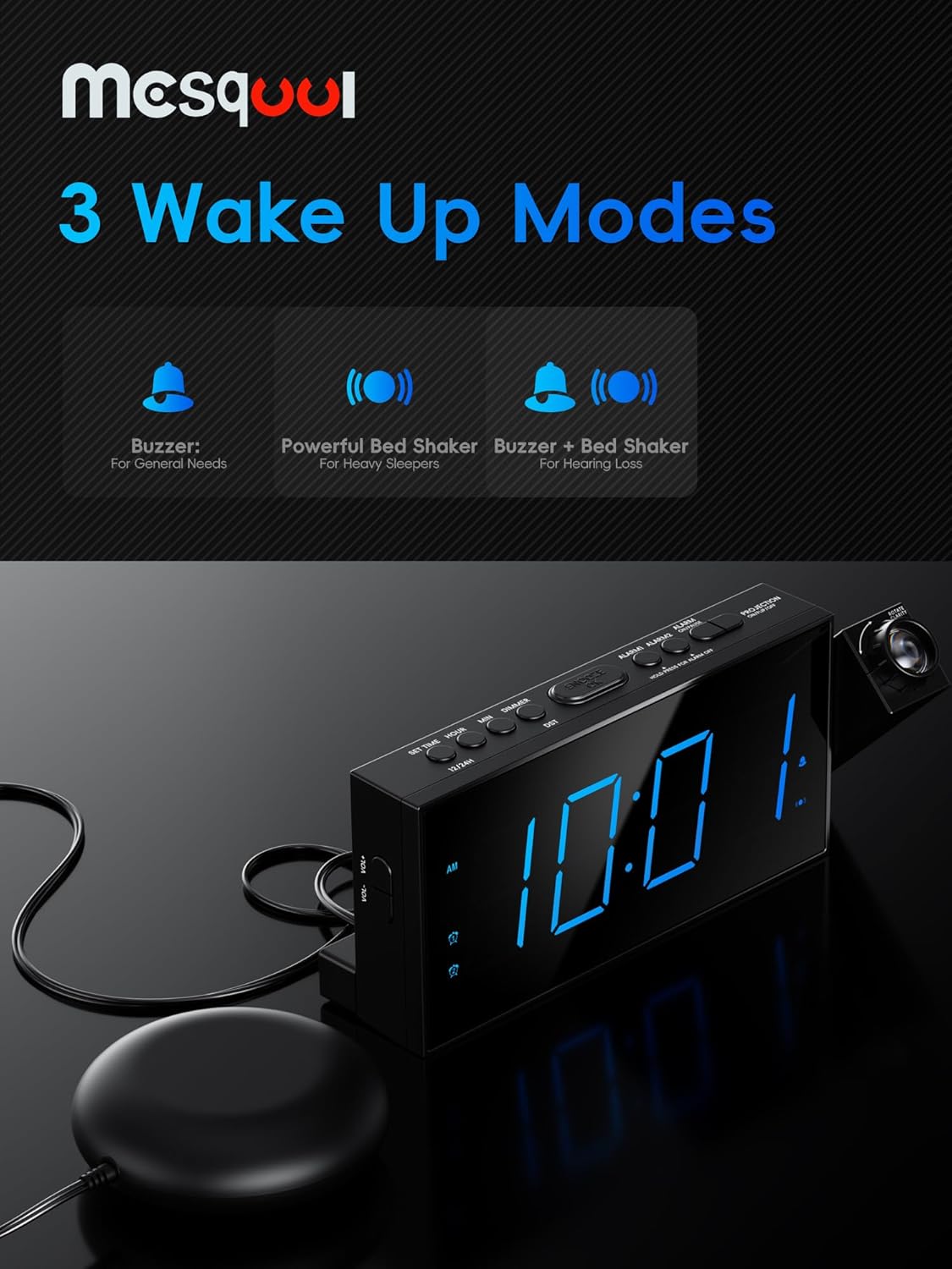 Mesqool Projection Alarm Clock, Loud Vibrating Alarm Clock for Heavy Sleepers, Adjustable Projection Brightness,Hearing Impaired & Deaf People, Digital Alarm Clock with USB Charging Port