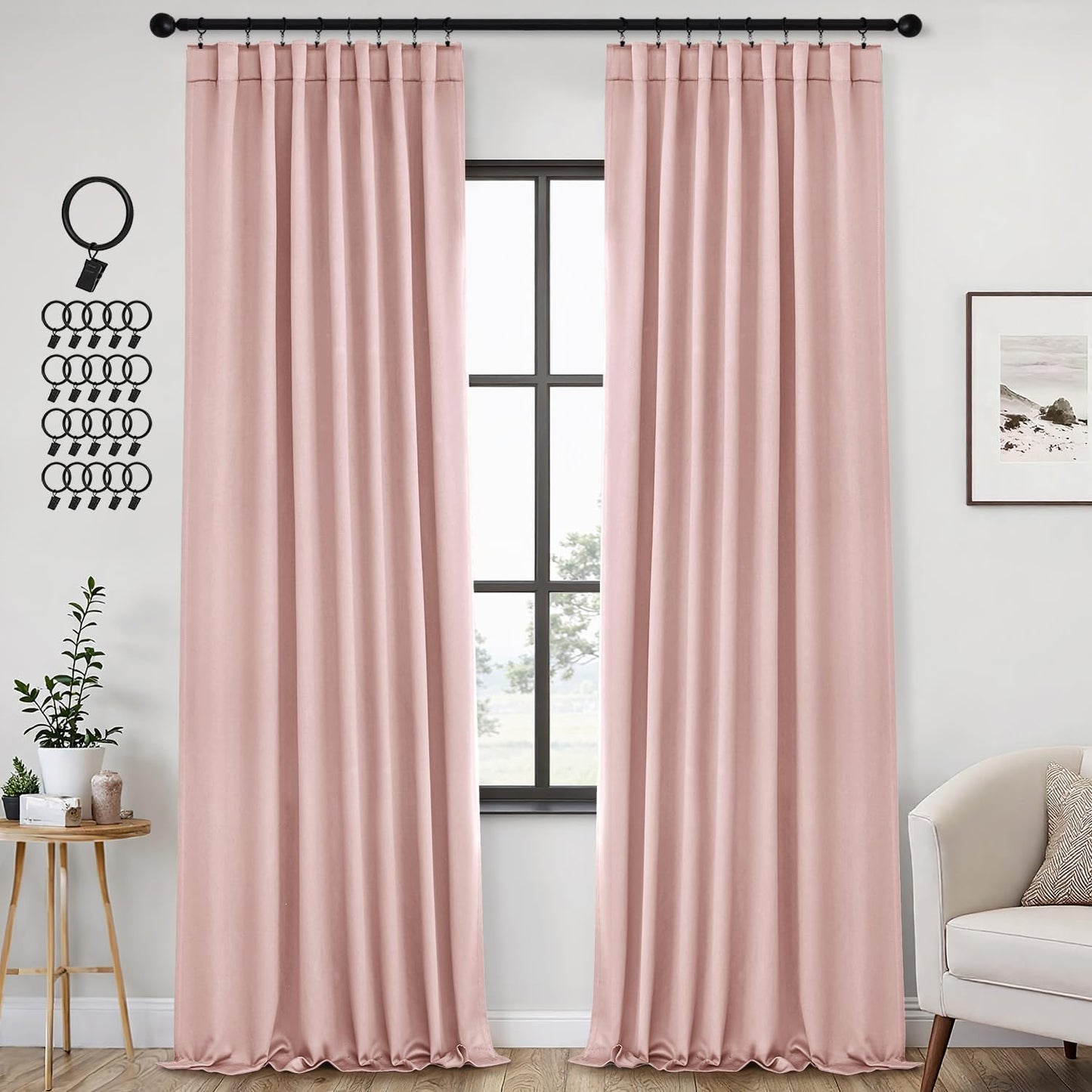 ANRODUO Light Pink Blackout Curtains for Girls Bedroom Living Room 96 Inches Long 2 Panels, Back Tab Rod Pocket Pinch Pleated Thermal Insulated Room Darkening Curtains, 42 x 96 Inch