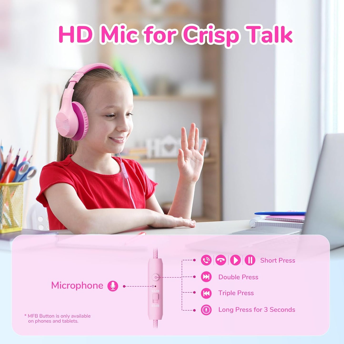 EarFun K3 Kids Headphones, Over Ear Headphones with Microphones, 85/94dB Safe Volume Limit, HD Stereo Sound, 3.5mm Jack, Foldable Wired Headphones for School/Travel/Boys/Girls/Tablet/iPad, Pink
