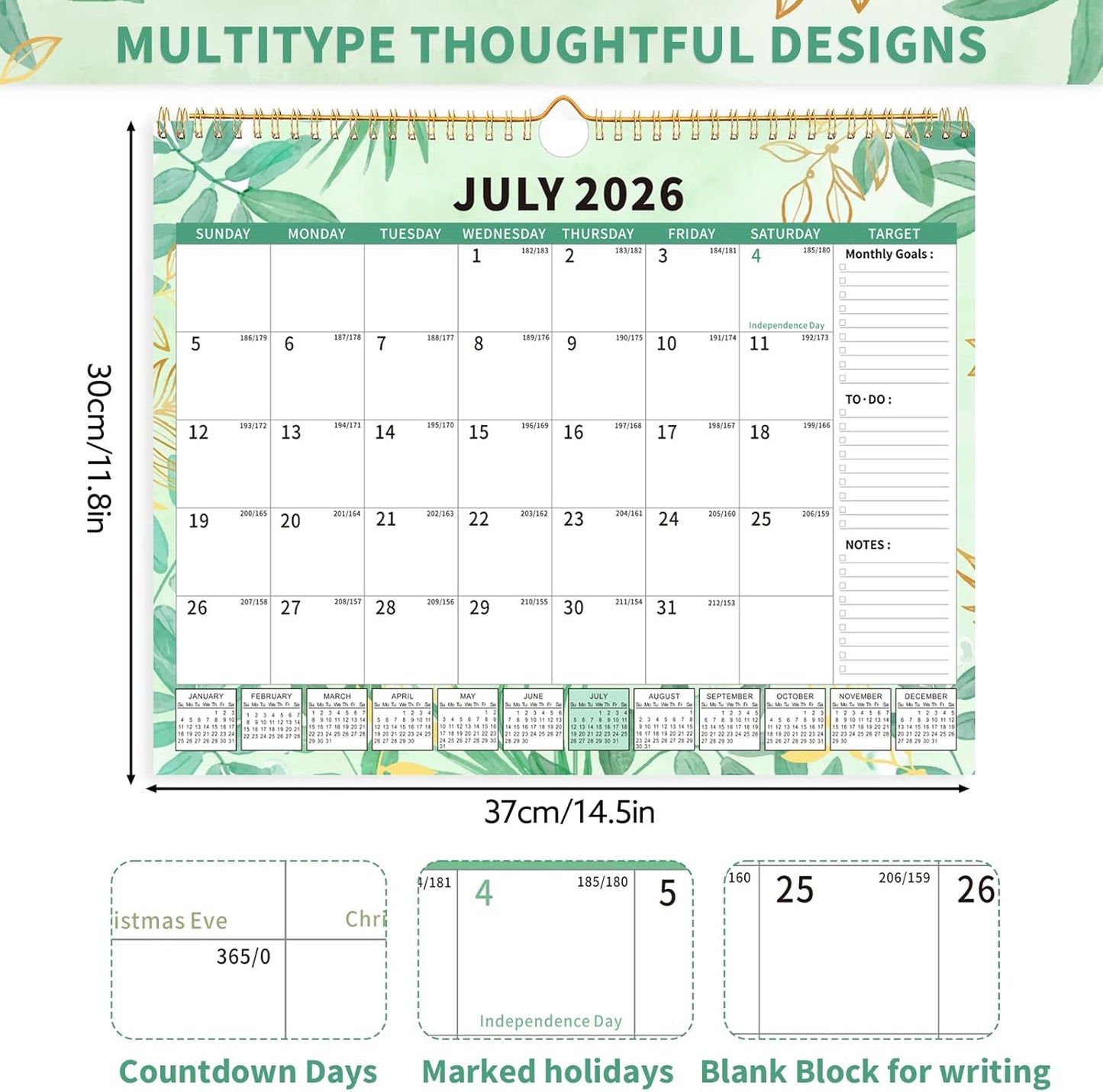 Wall Calendar 2025-2026, 18 Month Large Desk Calendar from July 2025 to December 2026 14.5" x 11.8" Monthly Calendar with Twin-Wire Binding for Home Office Planning Personal Organisers, Green Leaf