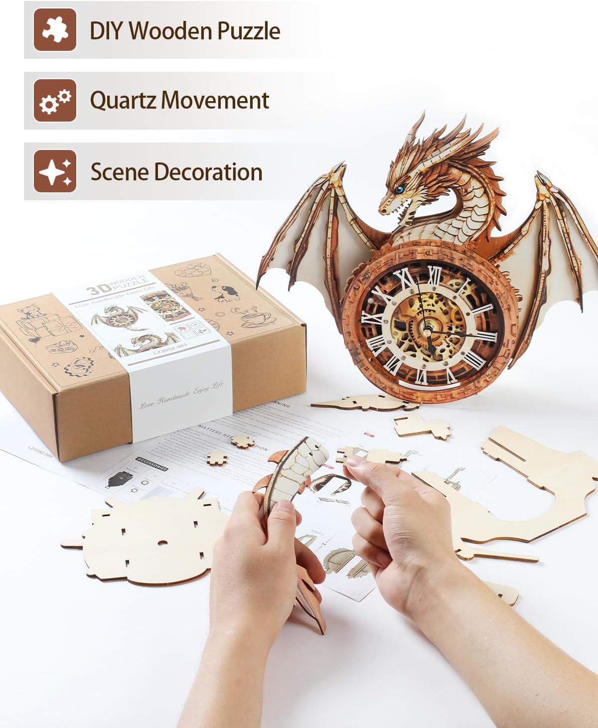 Rnfinewow 3D Wooden Puzzles for Adults, 3D Puzzles Dragon Clock Kit (with Pendulum), Beginners Wooden Puzzle for Adults Teens Home Wall Decor Clock Gifts for Men Women