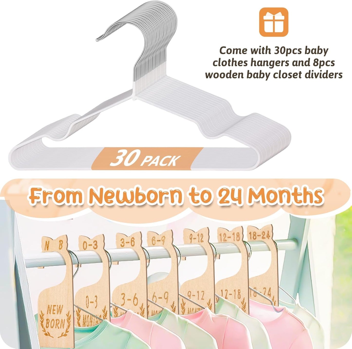 8Pcs Wooden Baby Closet Dividers for Baby Clothes Organizer, and 30Pcs Baby Hangers, Baby Closet Organizer Baby Clothes Dividers for New Mom Dad Parents, 0-24 Months, Large, SL0058