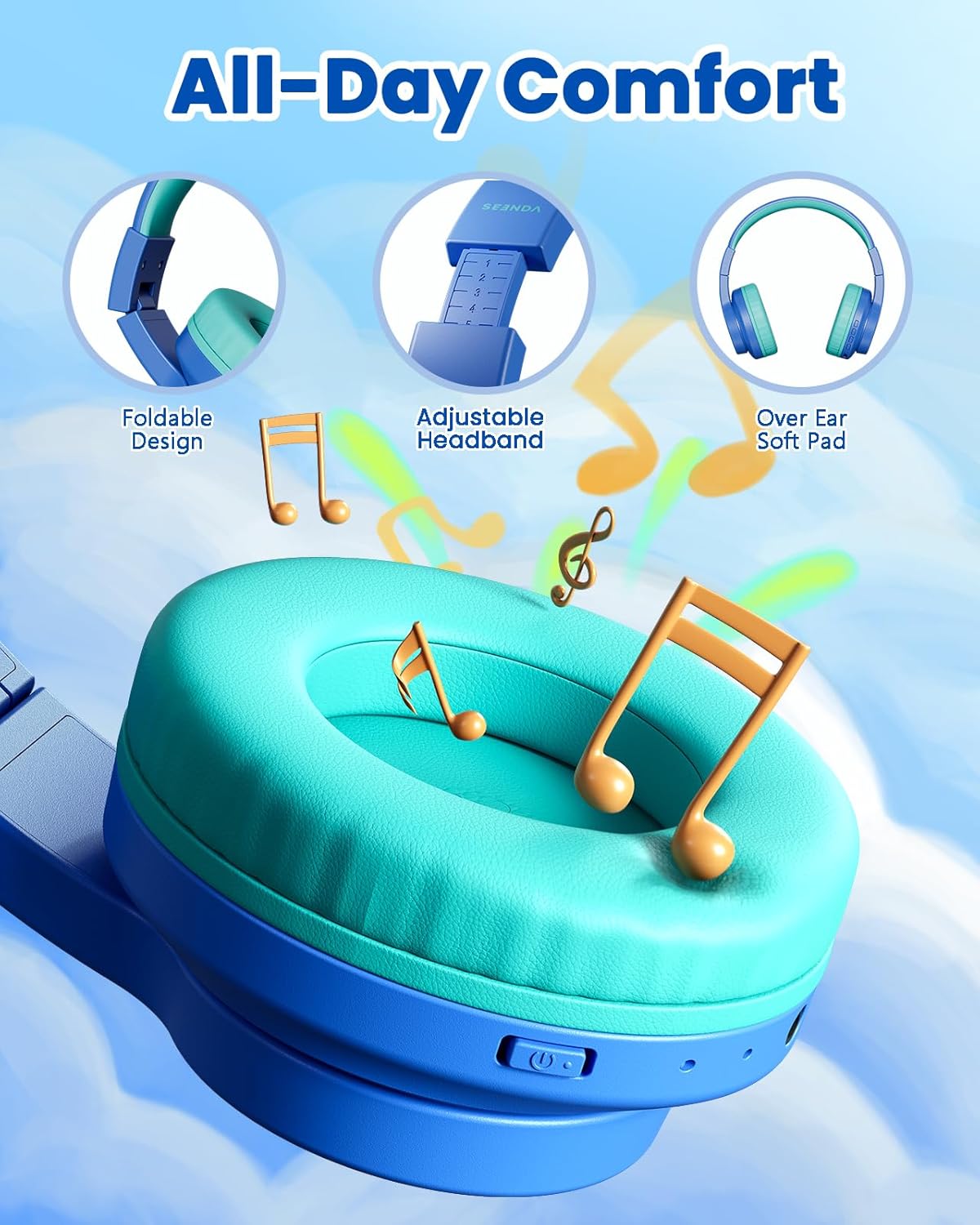 seenda Kids Headphones Wireless, Bluetooth Headphones for Kid with 85/94dB Volume Limit, 45H Play Time, 3 Light Modes, Built-in Mic Headset for Toddler Boy Girl Travel School iPhone iPad Tablet