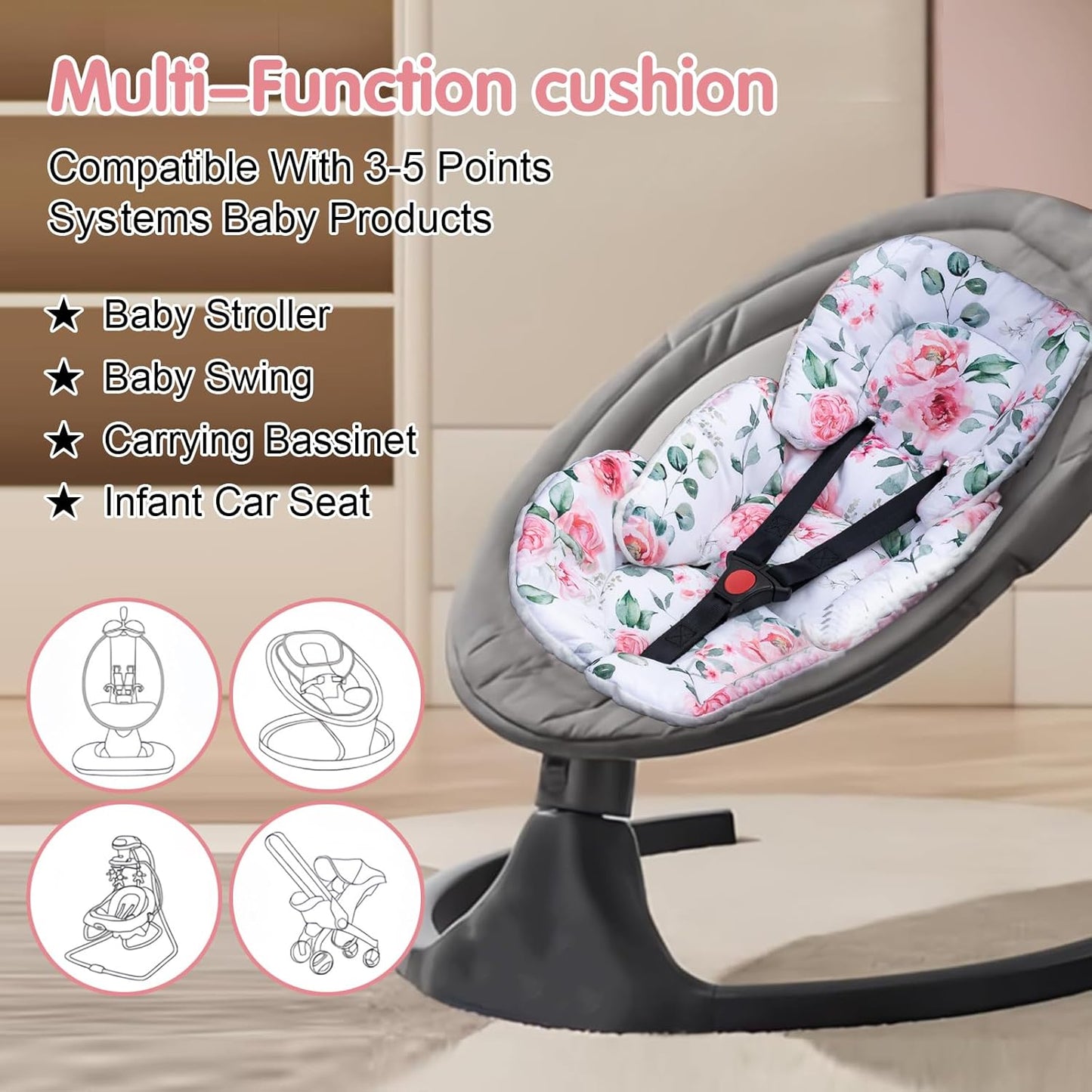 Infant Car Seat Insert for Girls Boys, Ultra Soft Carseat Head Support for Infant, Breathable Baby Car Seat Cushion with Double Side Design, Baby Car Seat Head Support for Stroller, Swing, Bouncer