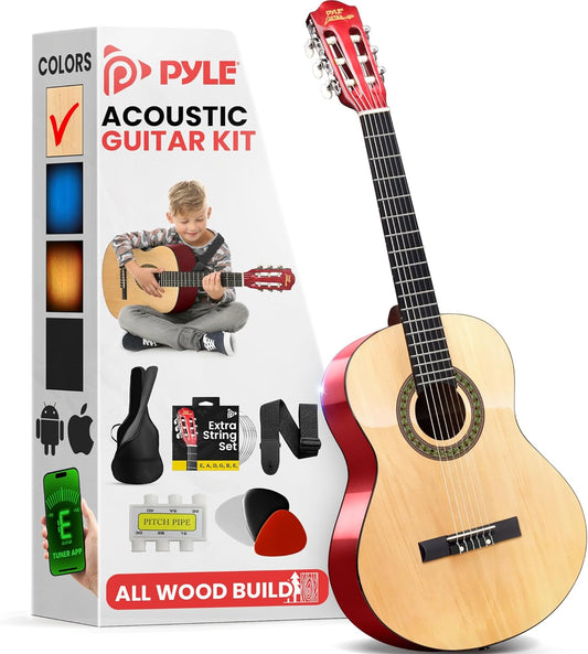 Pyle 30” Classical Acoustic 6 String Linden Traditional Style Guitar w/Wood Fretboard, Case Bag, Nylon Strap, Tuner, 3 Picks-for Beginner, Children Use, Right Handed, (PGAKT30)