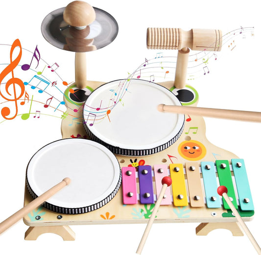 Kids Drum Set for Toddlers, Montessori Wooden Musical Instruments Preschool Educational Baby Musical Toys, Xylophone Bell Music Sensory Toys Birthday Gifts for Girls Boys