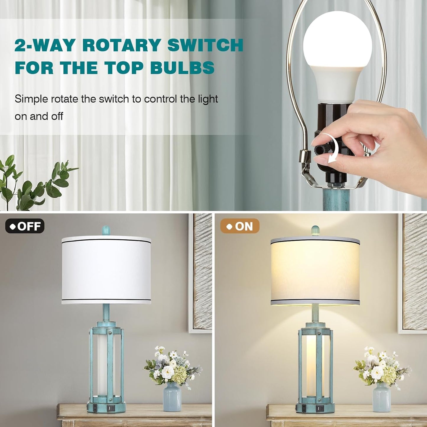 Farmhouse Lamps Set of 2, 26" Vintage Rustic Industrial Beside Lamps with USB A+C Charging Ports & AC Outlet, Nightstand Metal Lamp with LED Night Light & Fabric Shade for Living Room Bedrooms Blue