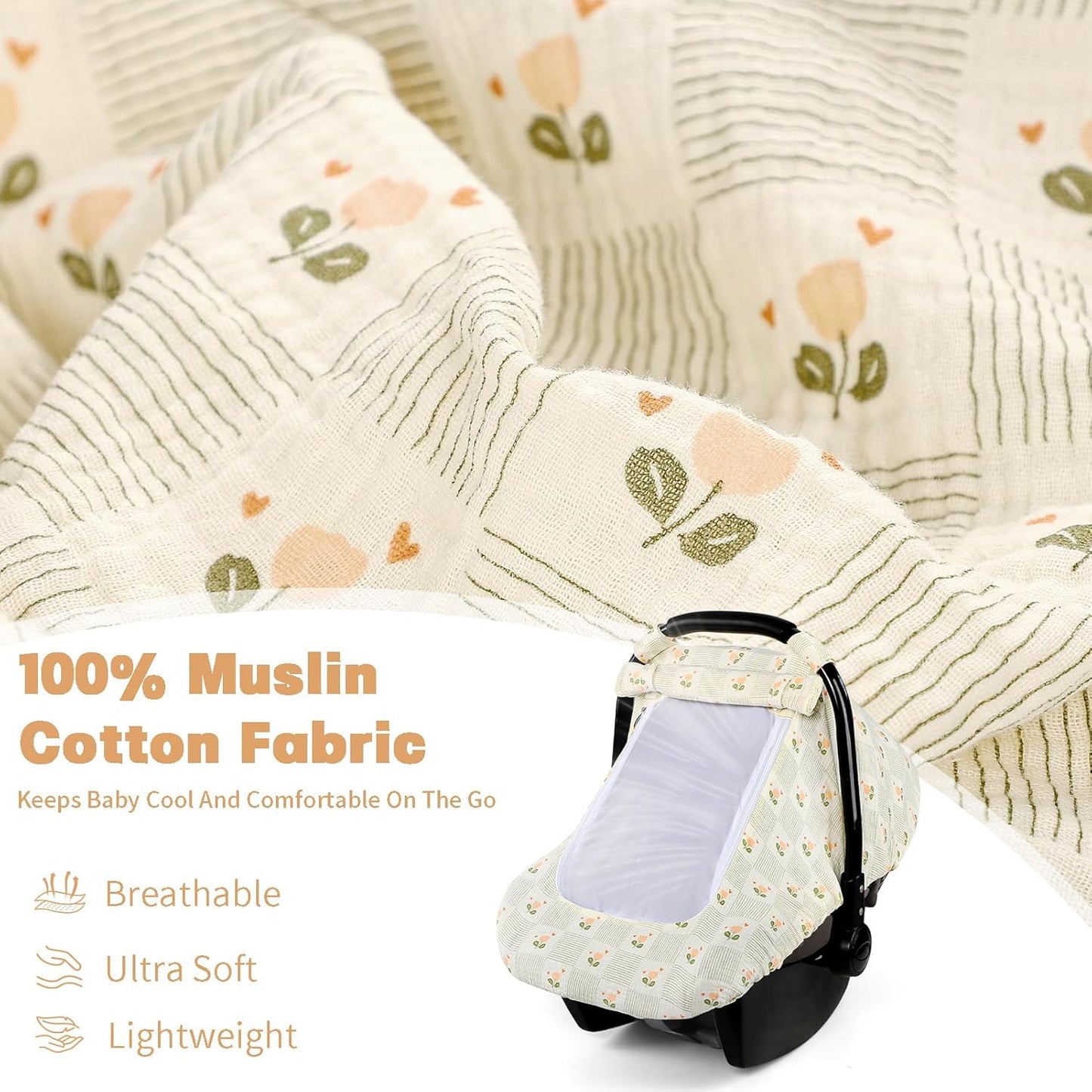 Car Seat Cover Baby, HNHUAMING Muslin Cotton Carseat Covers for Babies Girls Boys Summer Infant Car Seat Covers Canopy, Cozy Newborn Carseat Covers Stroller Cover with Breathable Mesh Window, Floral