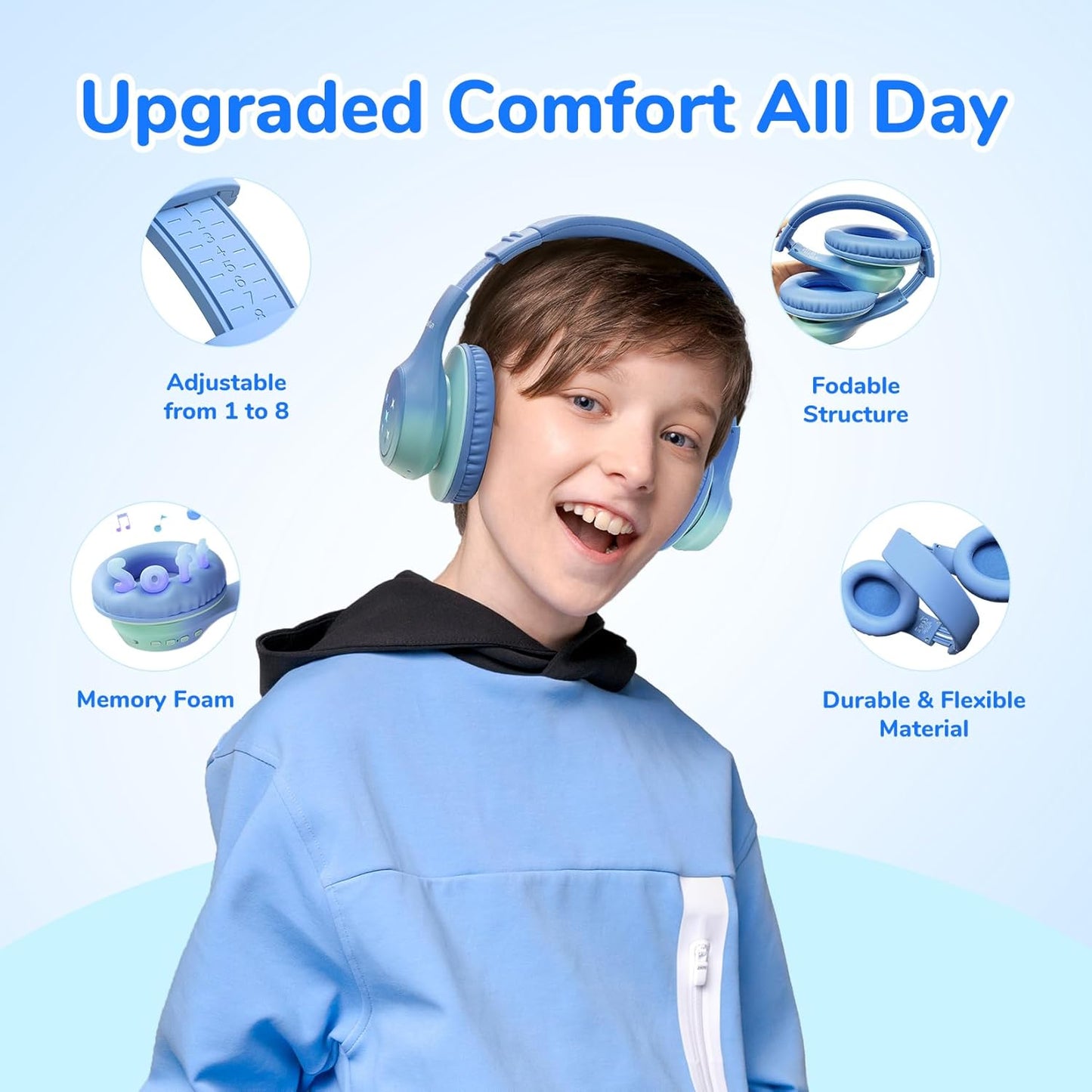 EarFun K4 Kids Bluetooth Headphones, Wireless Headphones with LED Lights, 74/85/94dBA Volume Limited, Built-in Mic, 90H Playtime, Bluetooth 5.4 Over Ear Headphone for iPad/Tablet/PC/School (Green)