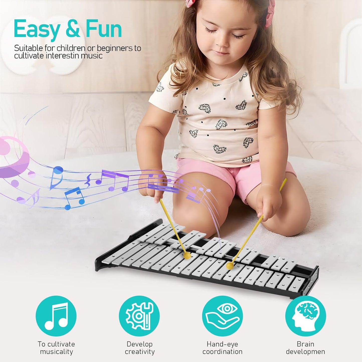 32 Note Glockenspiel Xylophone Percussion Kit with Height Adjustable Stand, Drumsticks and Carry Bag