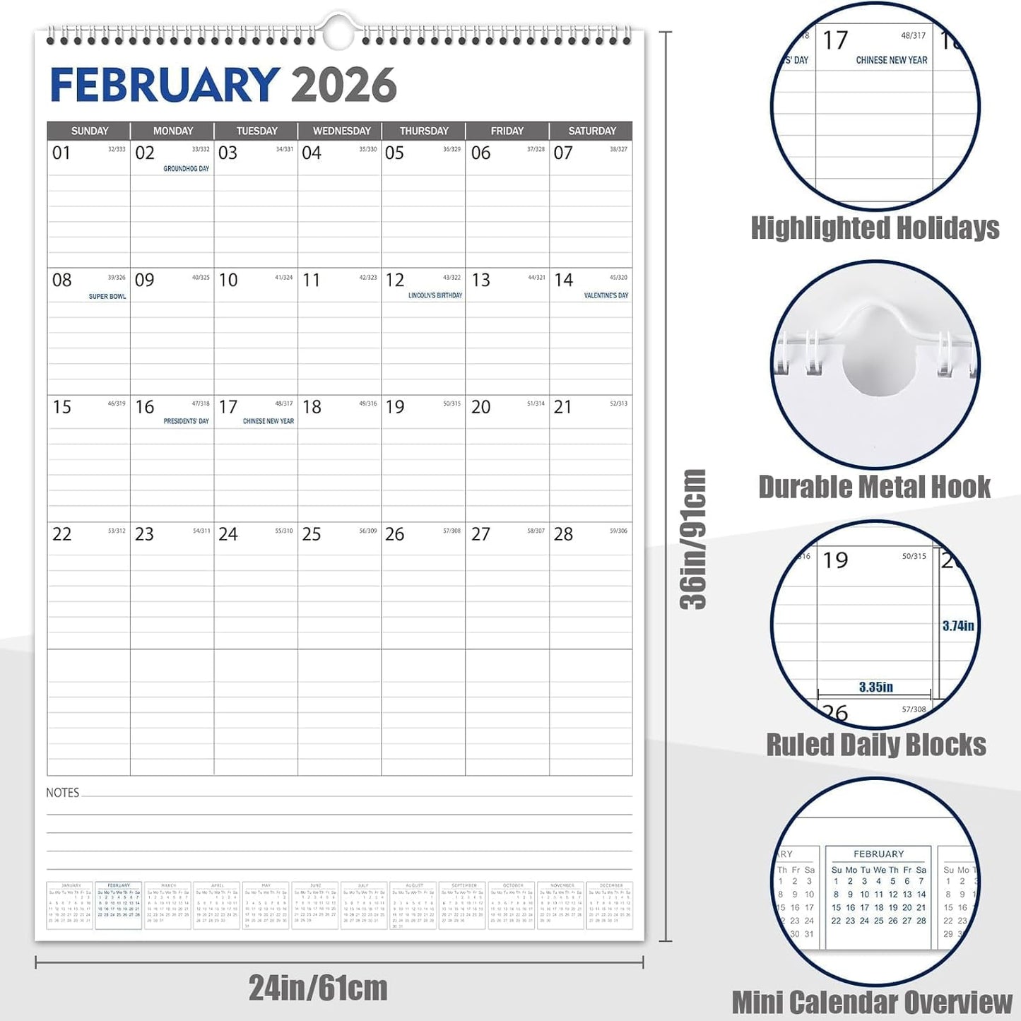 GuassLee Extra Large Wall Calendar 2025, 36"x 24" Jumbo Vertical Wall Planner 2025-2026 from June 2025 to December 2026,19 Months with Julian Dates and Notes for Office School Home Teacher Planning