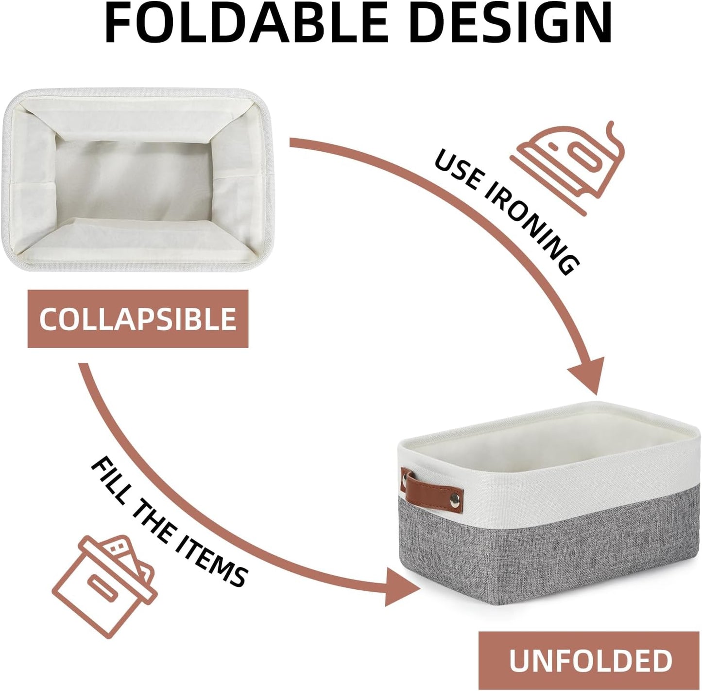 DULLEMELO Storage Baskets for Shelves, Small Fabric Storage Bins with Handles, Decorative Foldable closet storage baskets for organizing shelves(White&Grey, 2 Pack)