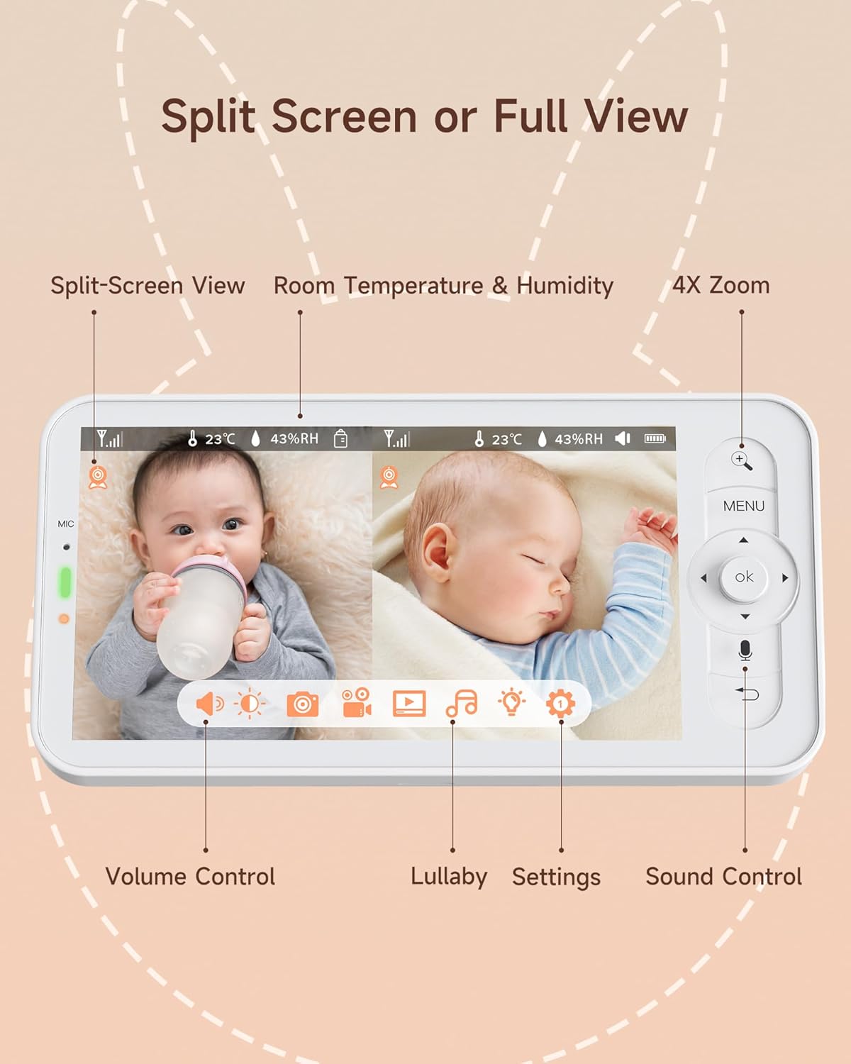 ARENTI Baby Monitor with 2 Cameras, 2K Smart Baby Camera with 5'' Upgraded Wireless Display, Super Night Vision, Breathing Light, Lullabies, Cry&Motion Detection, Temp&Humidity Sensor, 2 Way Audio
