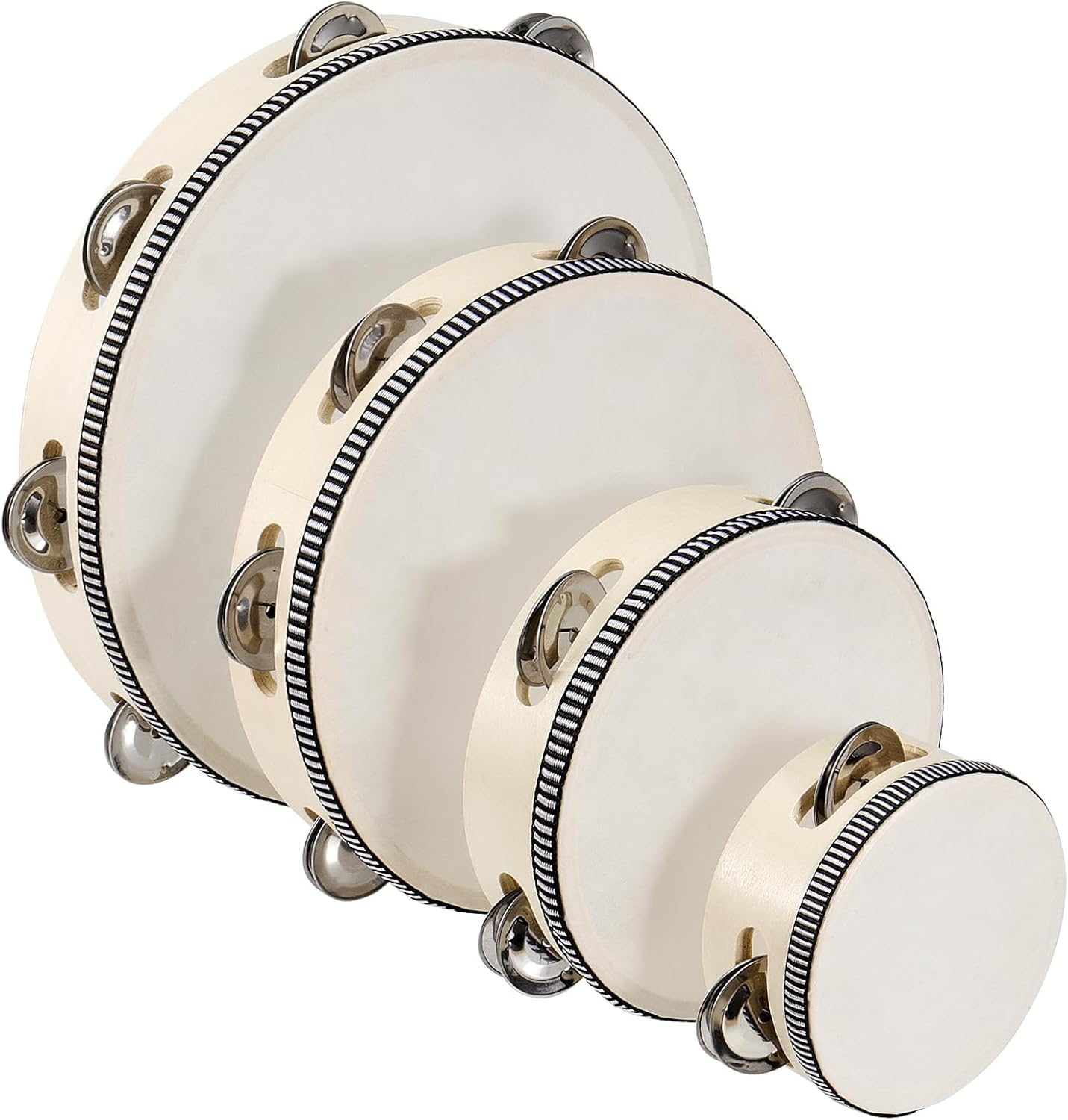 4 PCS 4" 6" 8" 10" Wooden Tambourine, Musical Instrument Tambourine Set, Handheld Drum Bell Metal Jingles Single Row Percussion for Church, KTV, Party