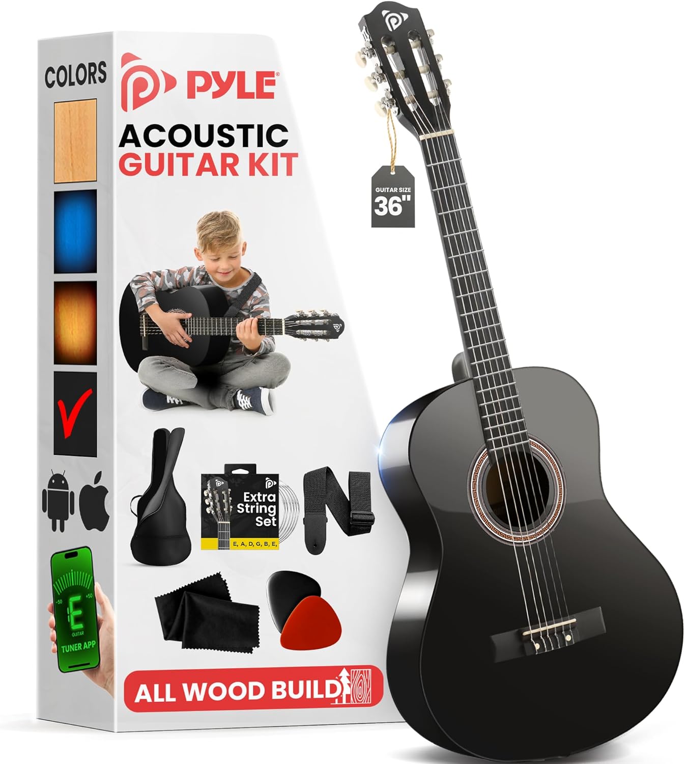 Pyle 6 String Acoustic Guitar, Right, 3 Black, Gloss, 36" (PGACLS82BK.X9)