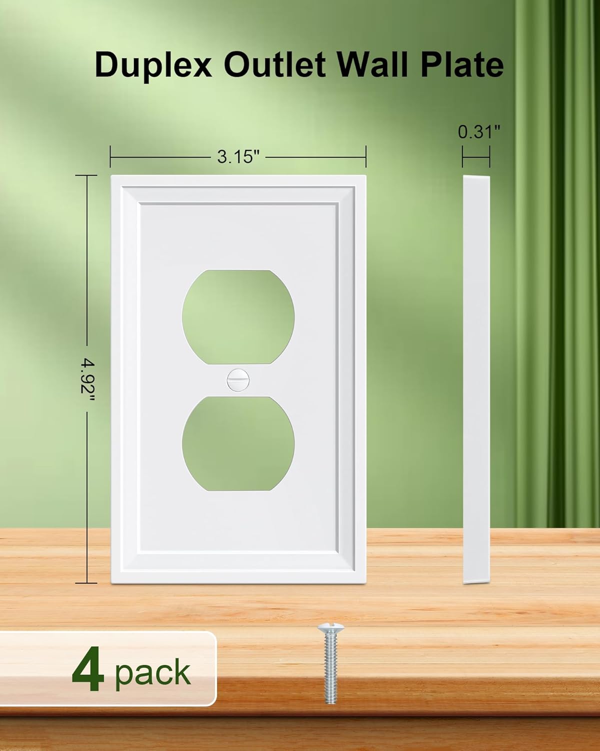 4-Pack Duplex Outlet Cover, Natural Bamboo Fiber Switch Plates and Outlet Covers, White Decorative Wall Plates for Electrical Outlets, 1 Gang Receptacle Cover, Corrosion Resistant