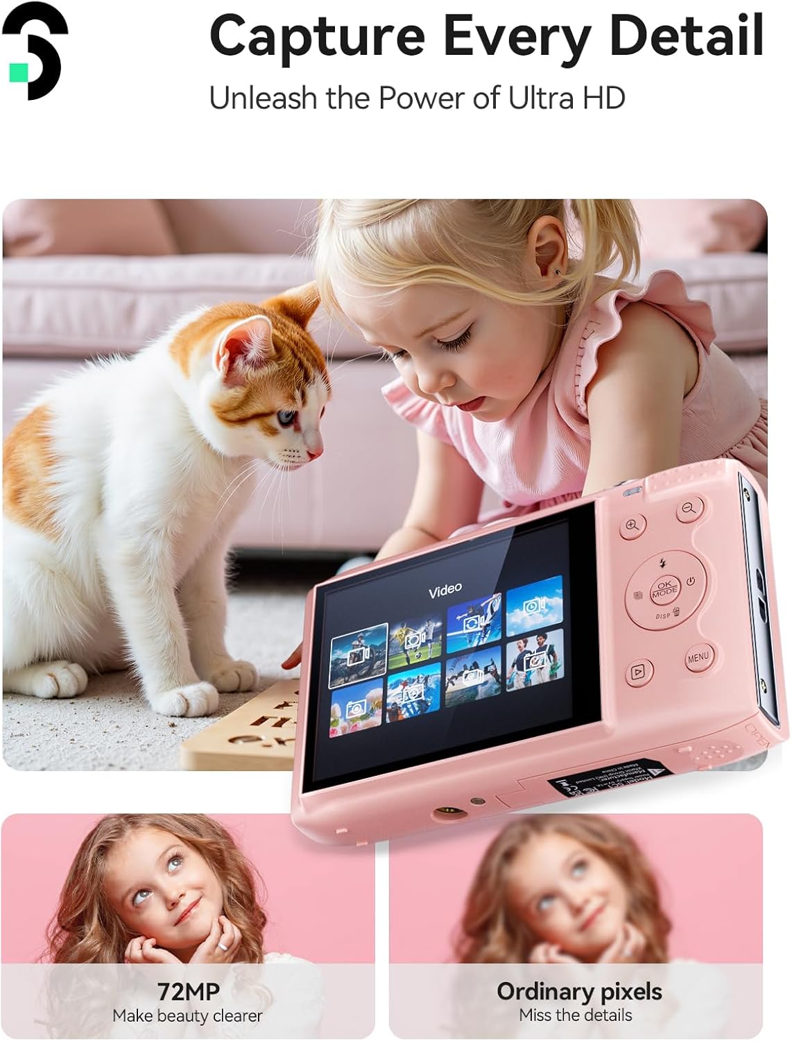 SOOMFON Digital Camera - Max 72MP Point and Shoot Kids Cameras with 16X Zoom, 32G TF Card, 2 Batteries and Card Reader, Compact Pink Digital Camera for Kids Teens Beginners